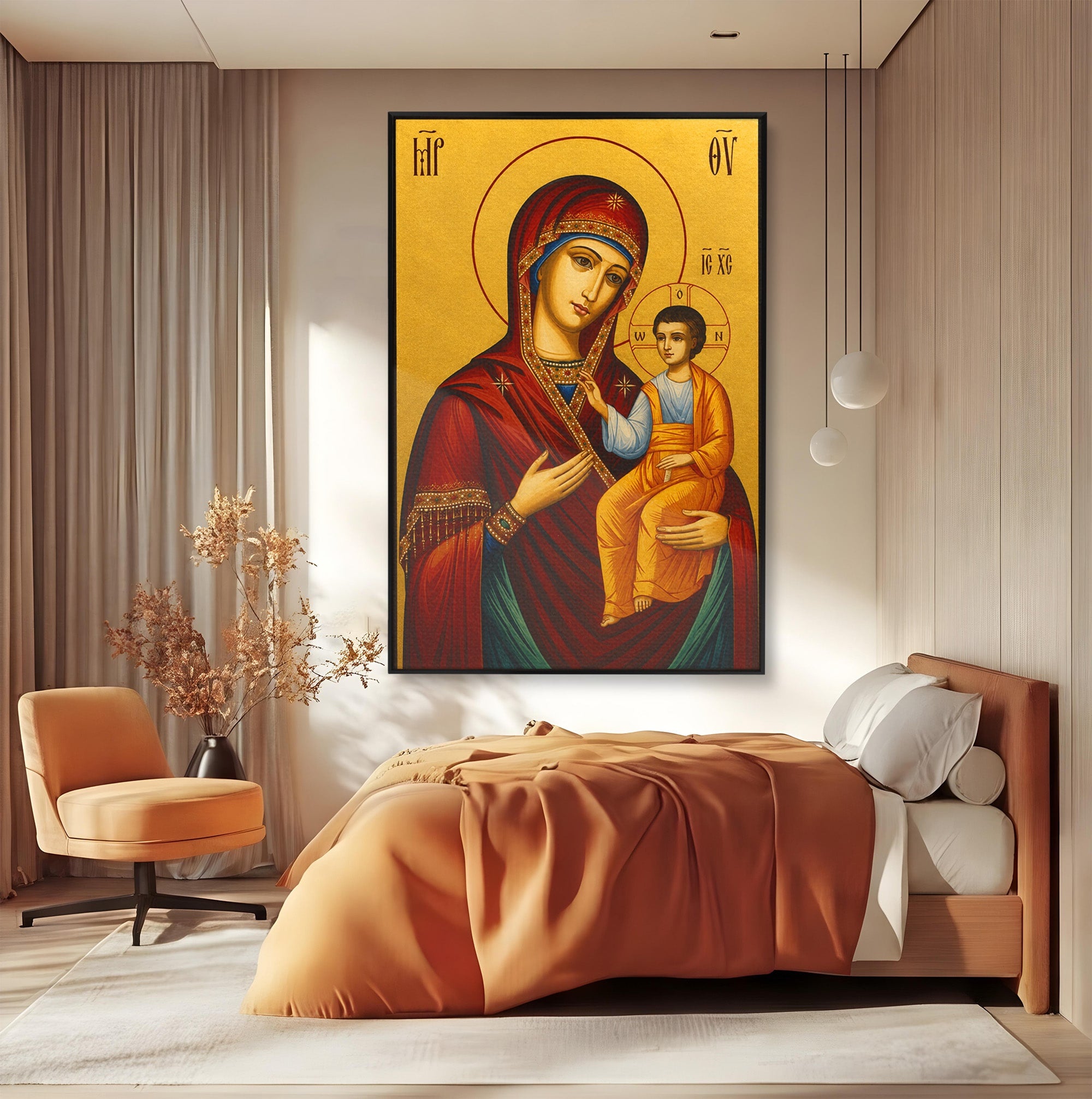 Tablou Canvas Premium LuxCanva® H1082, Icoana Maicii Domnului Portarita, Icoana, Religie, Bizantin, Arta Sacra, Dormitor, Hol, Culori Vibrante