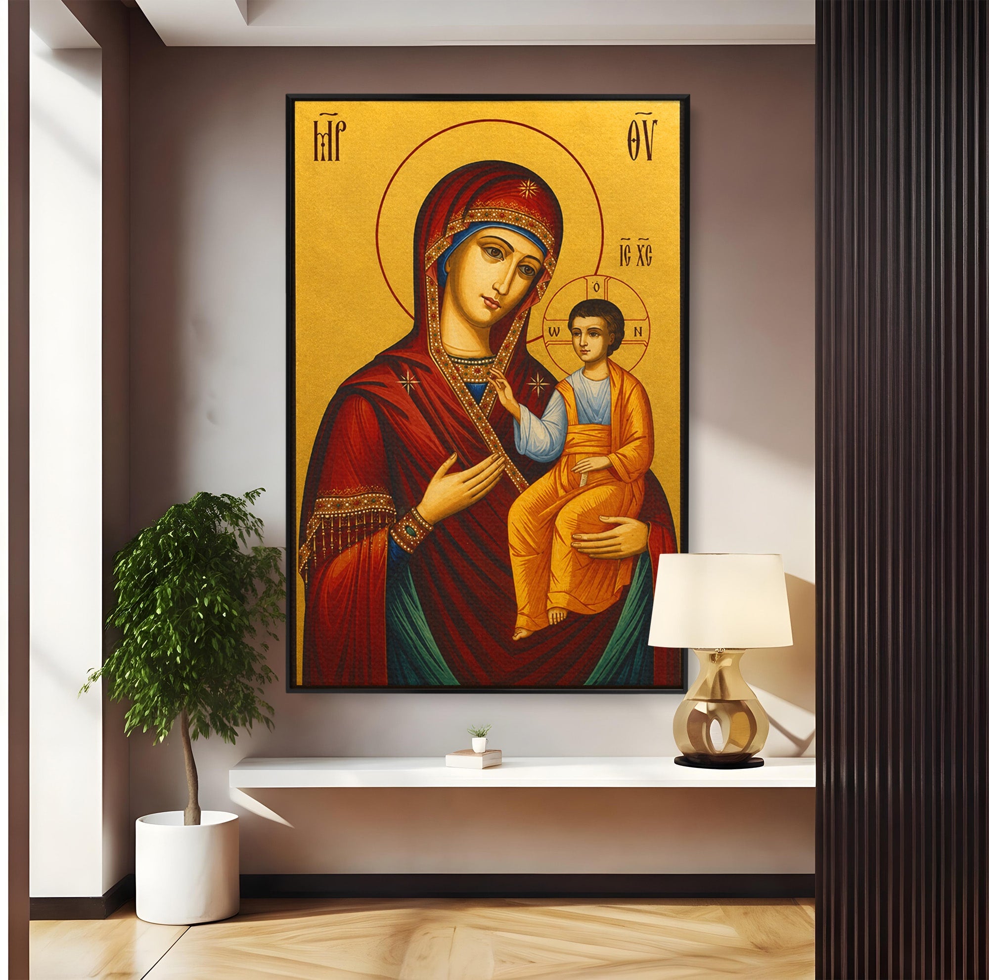 Tablou Canvas Premium LuxCanva® H1082, Icoana Maicii Domnului Portarita, Icoana, Religie, Bizantin, Arta Sacra, Dormitor, Hol, Culori Vibrante