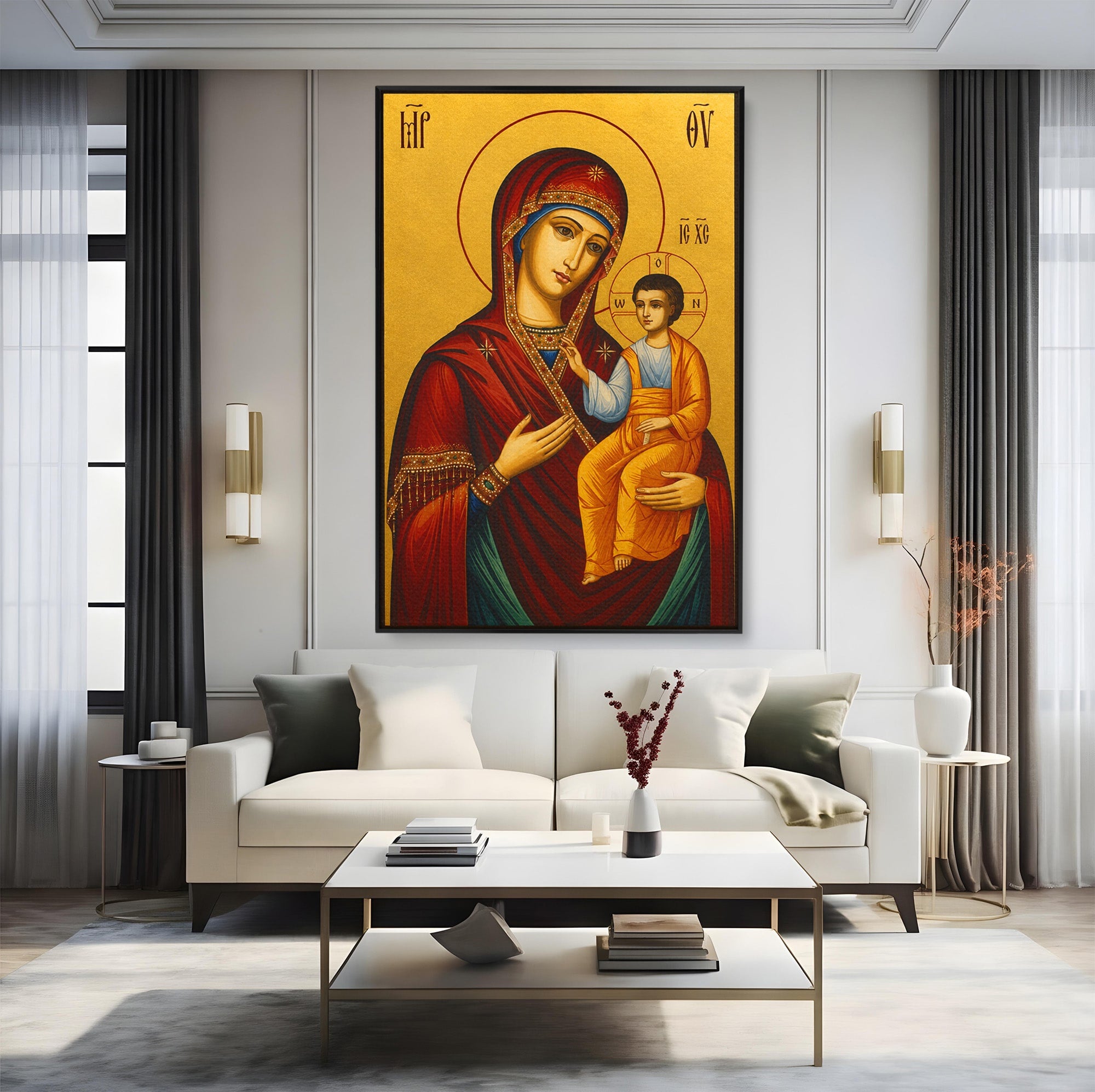 Tablou Canvas Premium LuxCanva® H1082, Icoana Maicii Domnului Portarita, Icoana, Religie, Bizantin, Arta Sacra, Dormitor, Hol, Culori Vibrante