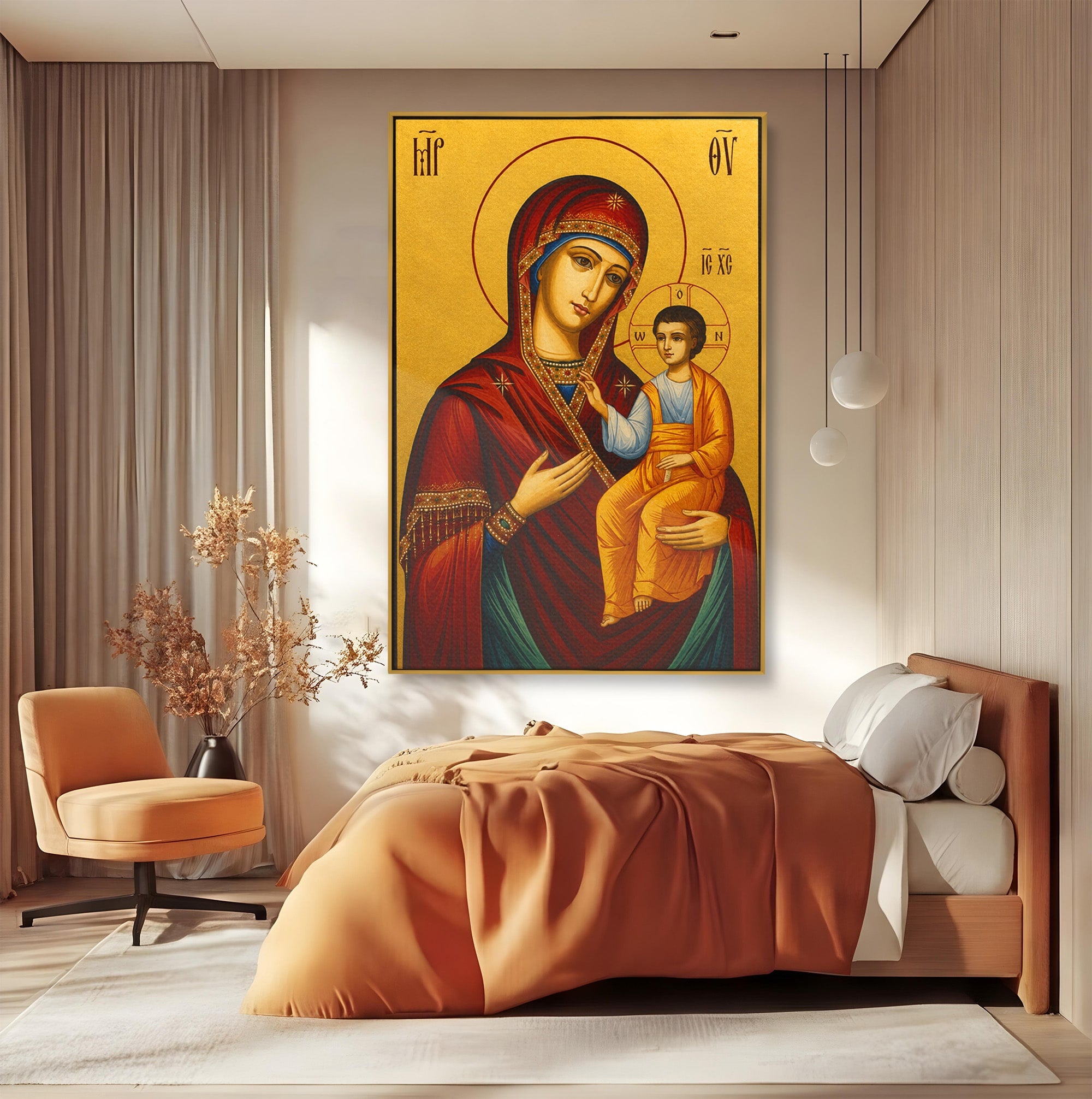 Tablou Canvas Premium LuxCanva® H1082, Icoana Maicii Domnului Portarita, Icoana, Religie, Bizantin, Arta Sacra, Dormitor, Hol, Culori Vibrante