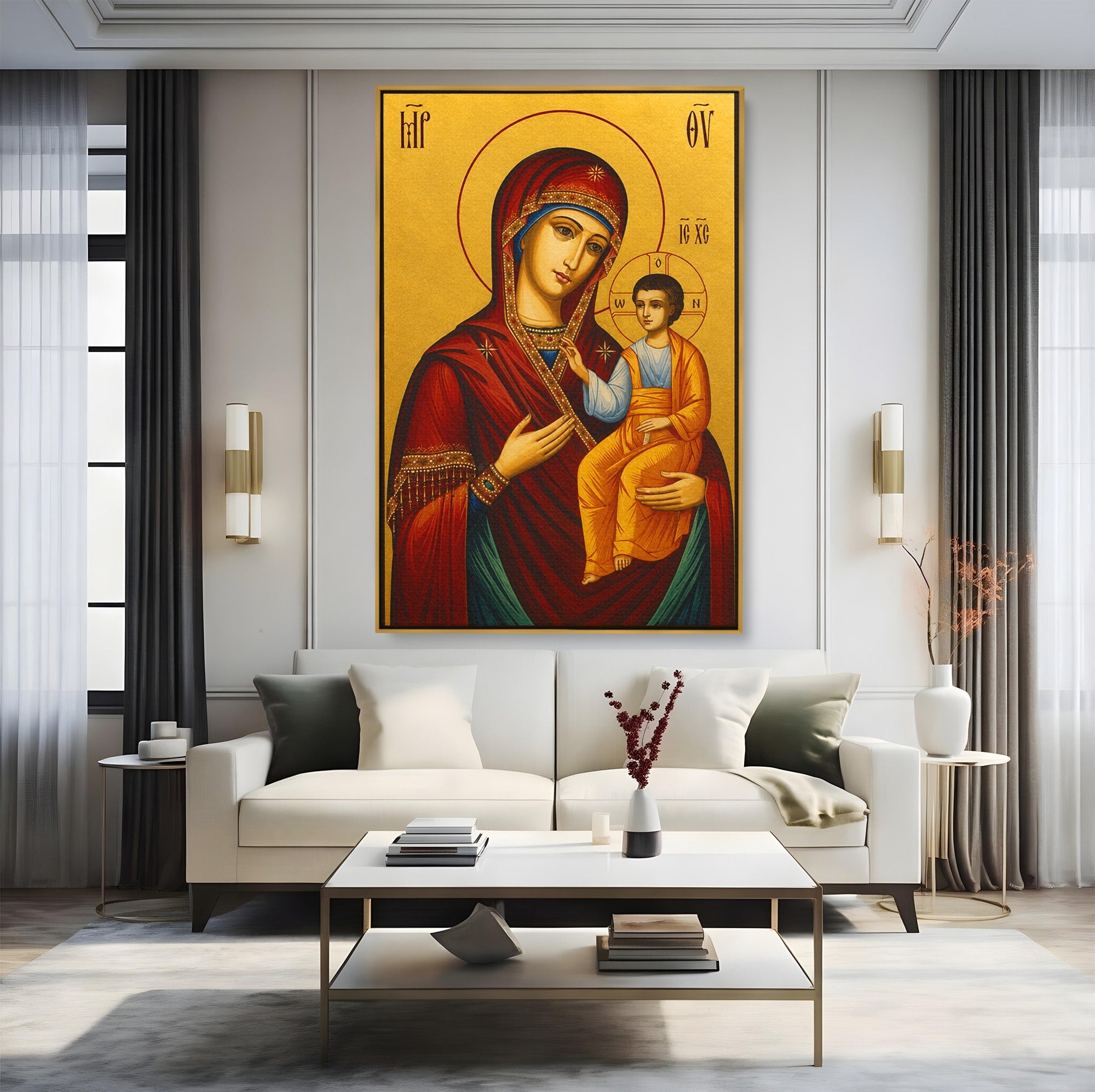 Tablou Canvas Premium LuxCanva® H1082, Icoana Maicii Domnului Portarita, Icoana, Religie, Bizantin, Arta Sacra, Dormitor, Hol, Culori Vibrante