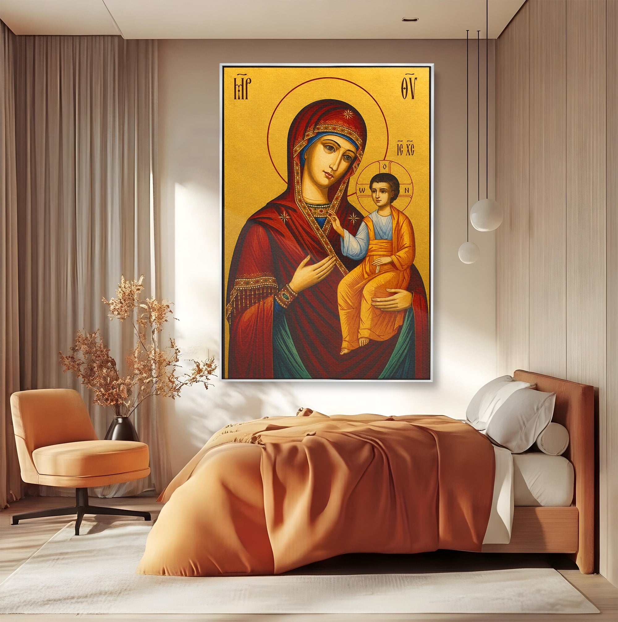 Tablou Canvas Premium LuxCanva® H1082, Icoana Maicii Domnului Portarita, Icoana, Religie, Bizantin, Arta Sacra, Dormitor, Hol, Culori Vibrante