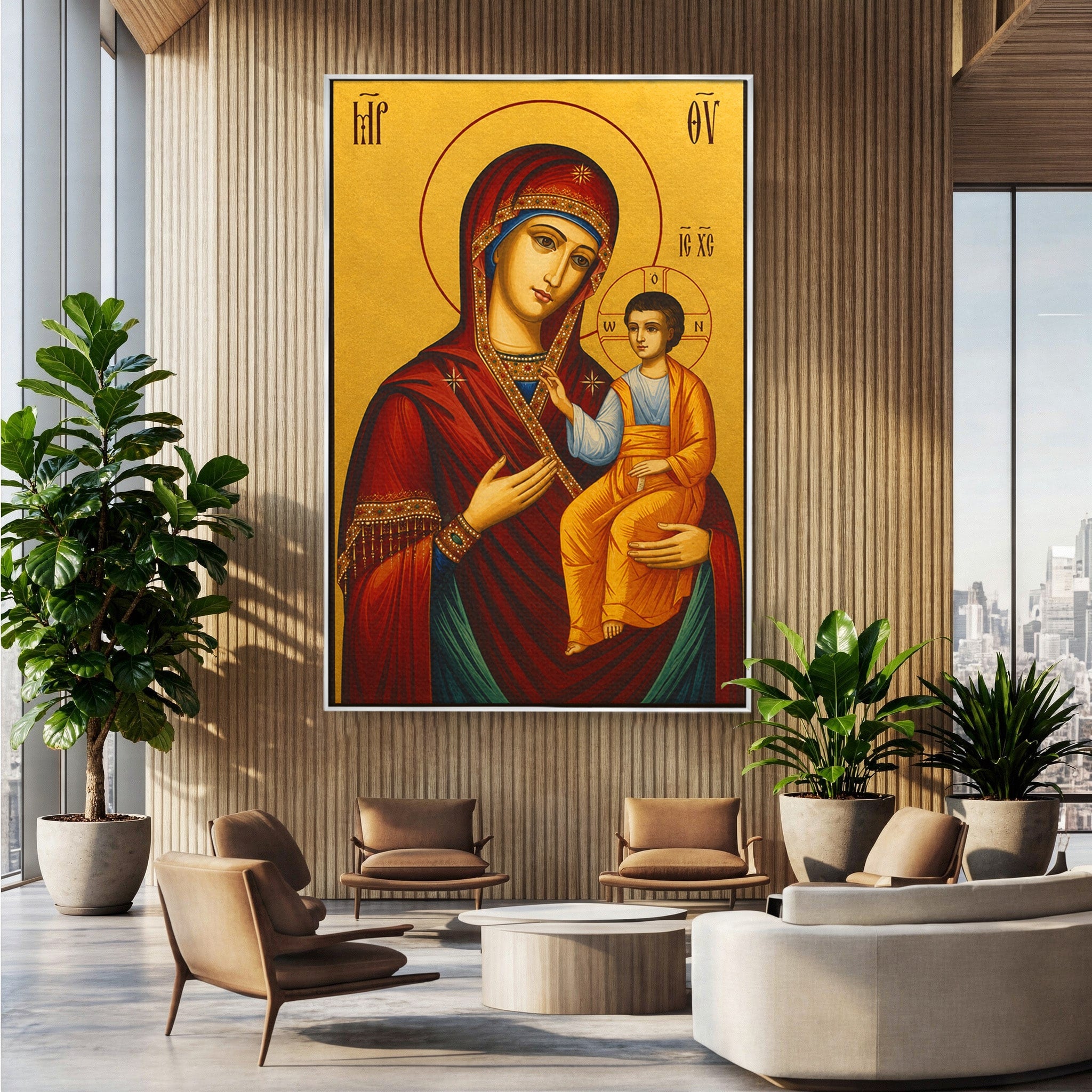 Tablou Canvas Premium LuxCanva® H1082, Icoana Maicii Domnului Portarita, Icoana, Religie, Bizantin, Arta Sacra, Dormitor, Hol, Culori Vibrante