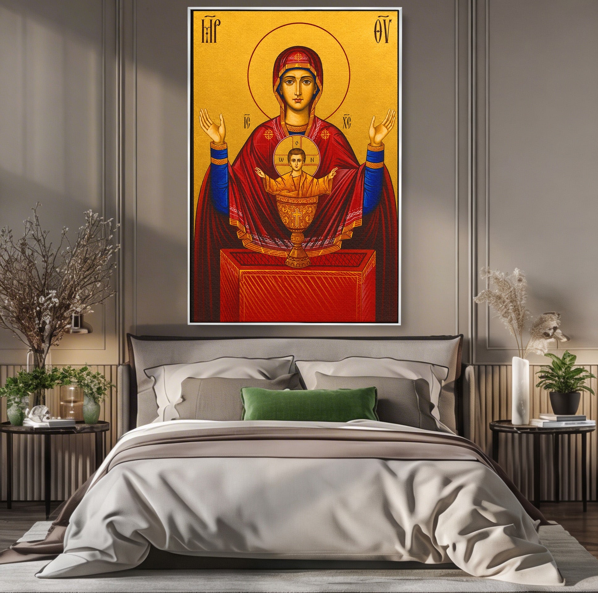 Tablou Canvas Premium LuxCanva® H1083, Icoana Protectoare Potirul Nesecat, Icoana, Bizantin, Religios, Maica Domnului, Rugaciune, Dormitor, Birou, Culori Vibrante