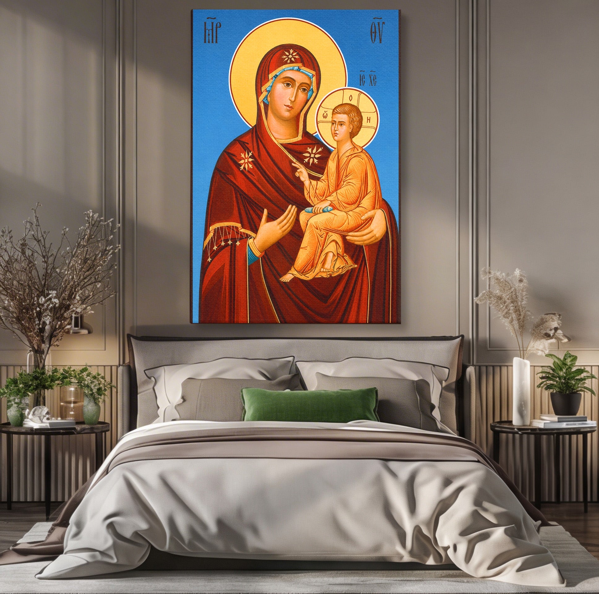 Tablou Canvas Premium LuxCanva® H1085, Icoana Maicii Domnului Tihvin, Icoana, Religios, Spiritualitate, Ortodox, Dormitor, Birou, Culori Vibrante