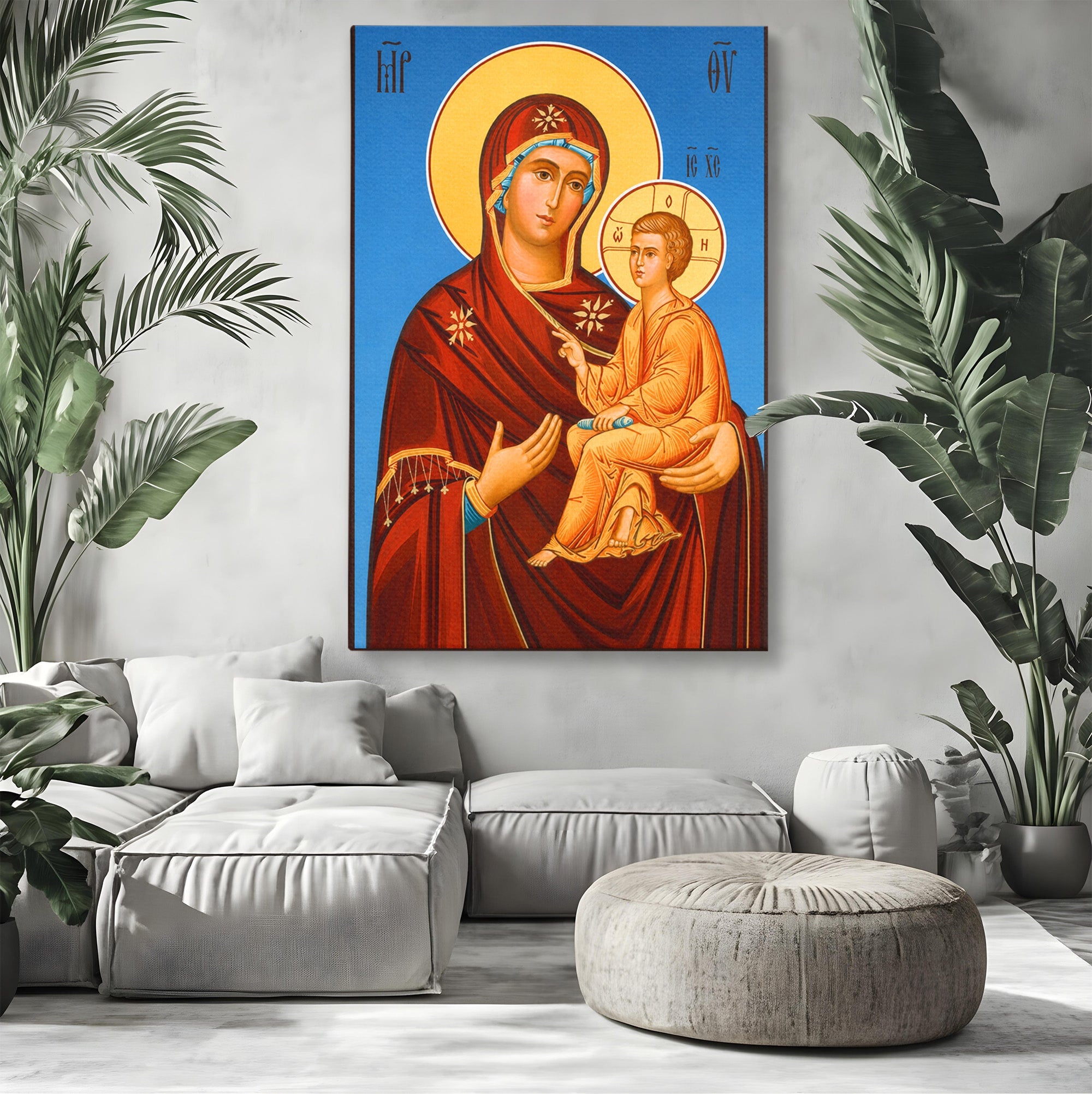 Tablou Canvas Premium LuxCanva® H1085, Icoana Maicii Domnului Tihvin, Icoana, Religios, Spiritualitate, Ortodox, Dormitor, Birou, Culori Vibrante