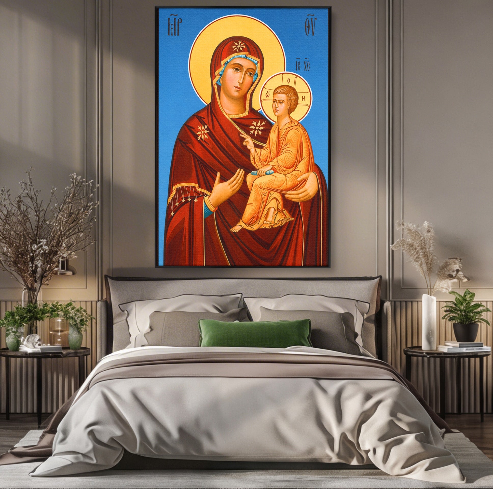 Tablou Canvas Premium LuxCanva® H1085, Icoana Maicii Domnului Tihvin, Icoana, Religios, Spiritualitate, Ortodox, Dormitor, Birou, Culori Vibrante