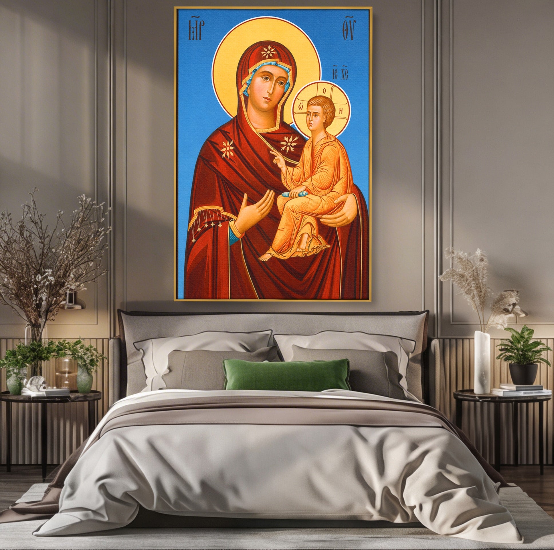 Tablou Canvas Premium LuxCanva® H1085, Icoana Maicii Domnului Tihvin, Icoana, Religios, Spiritualitate, Ortodox, Dormitor, Birou, Culori Vibrante