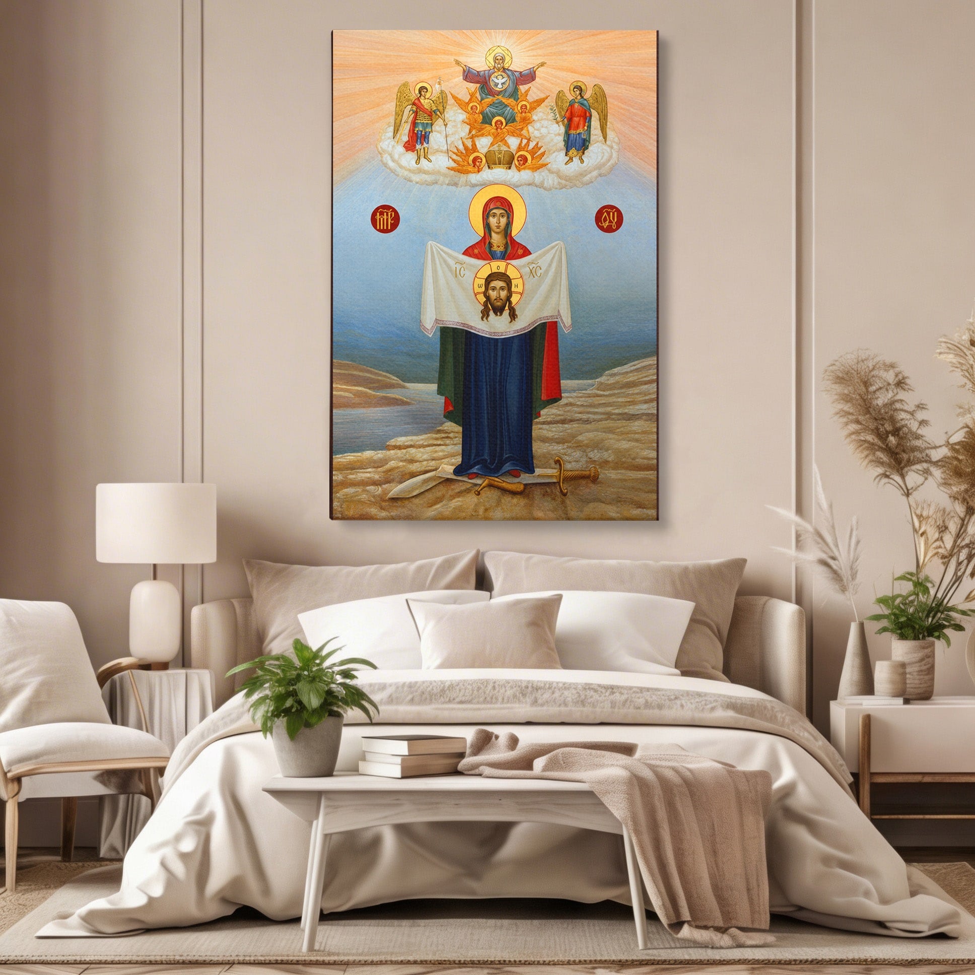 Tablou Canvas Premium LuxCanva® H1086, Icoana Protectiei si Biruintei Spirituale, Icoana, Religie, Credinta, Arta Sacra, Dormitor, Culori Vibrante