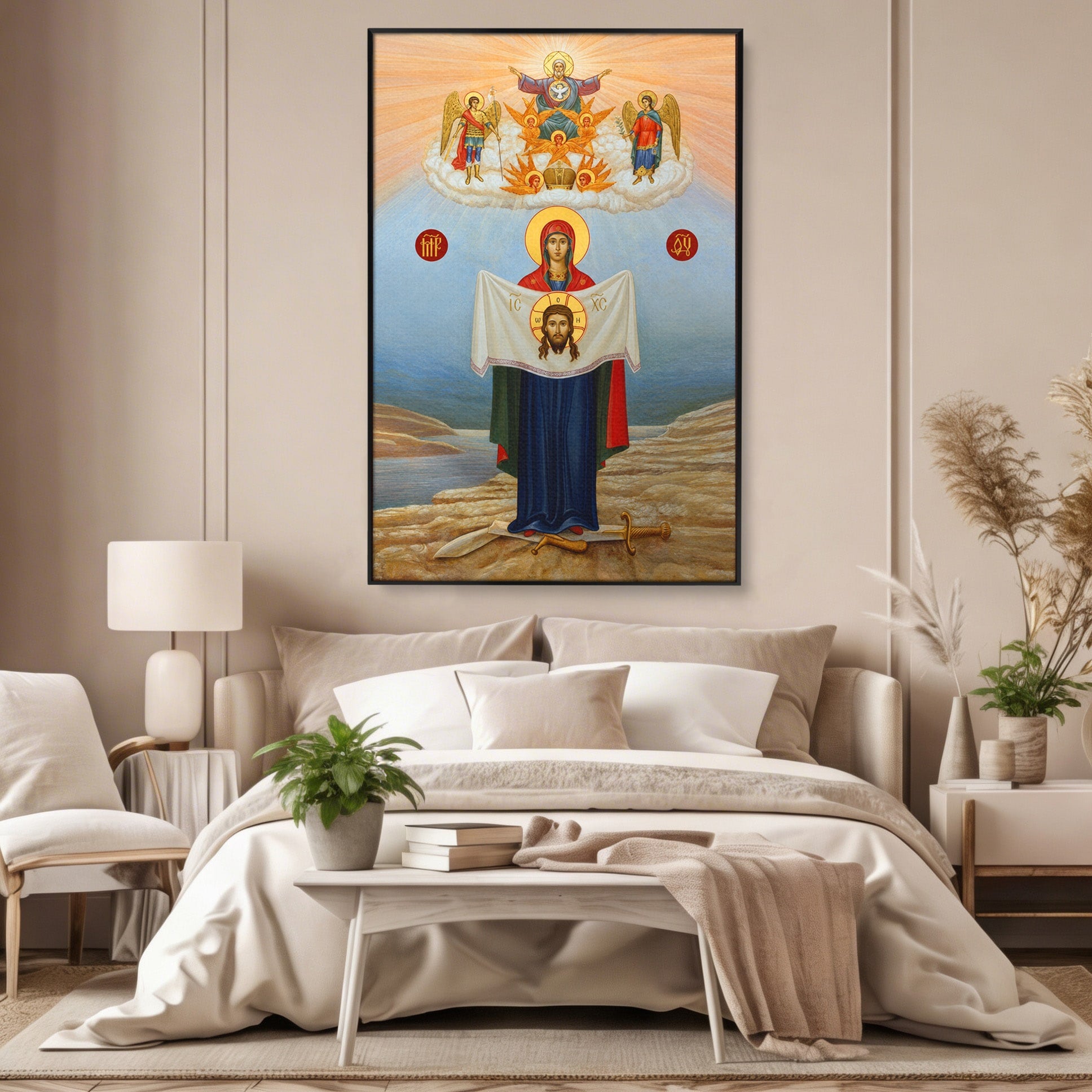 Tablou Canvas Premium LuxCanva® H1086, Icoana Protectiei si Biruintei Spirituale, Icoana, Religie, Credinta, Arta Sacra, Dormitor, Culori Vibrante