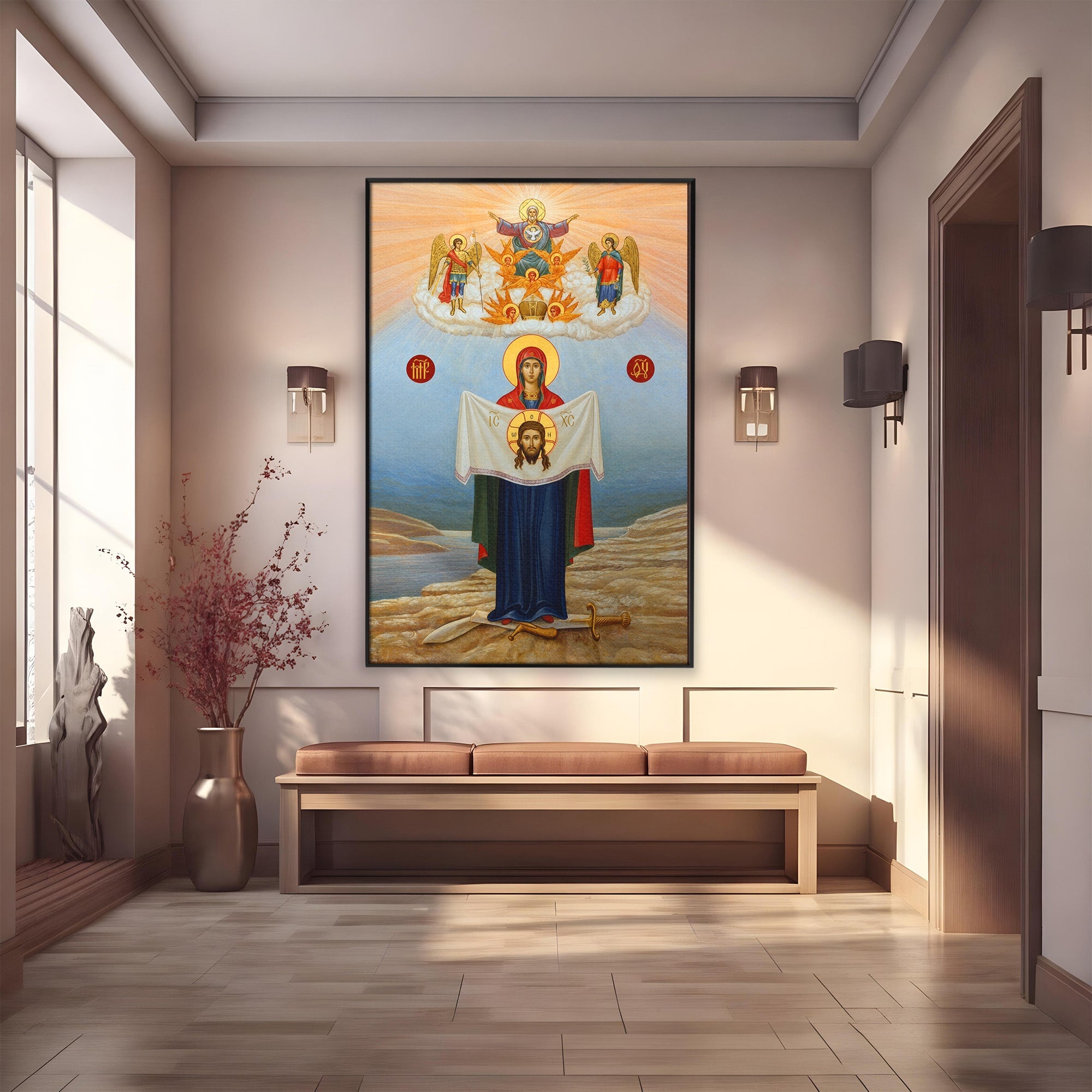 Tablou Canvas Premium LuxCanva® H1086, Icoana Protectiei si Biruintei Spirituale, Icoana, Religie, Credinta, Arta Sacra, Dormitor, Culori Vibrante