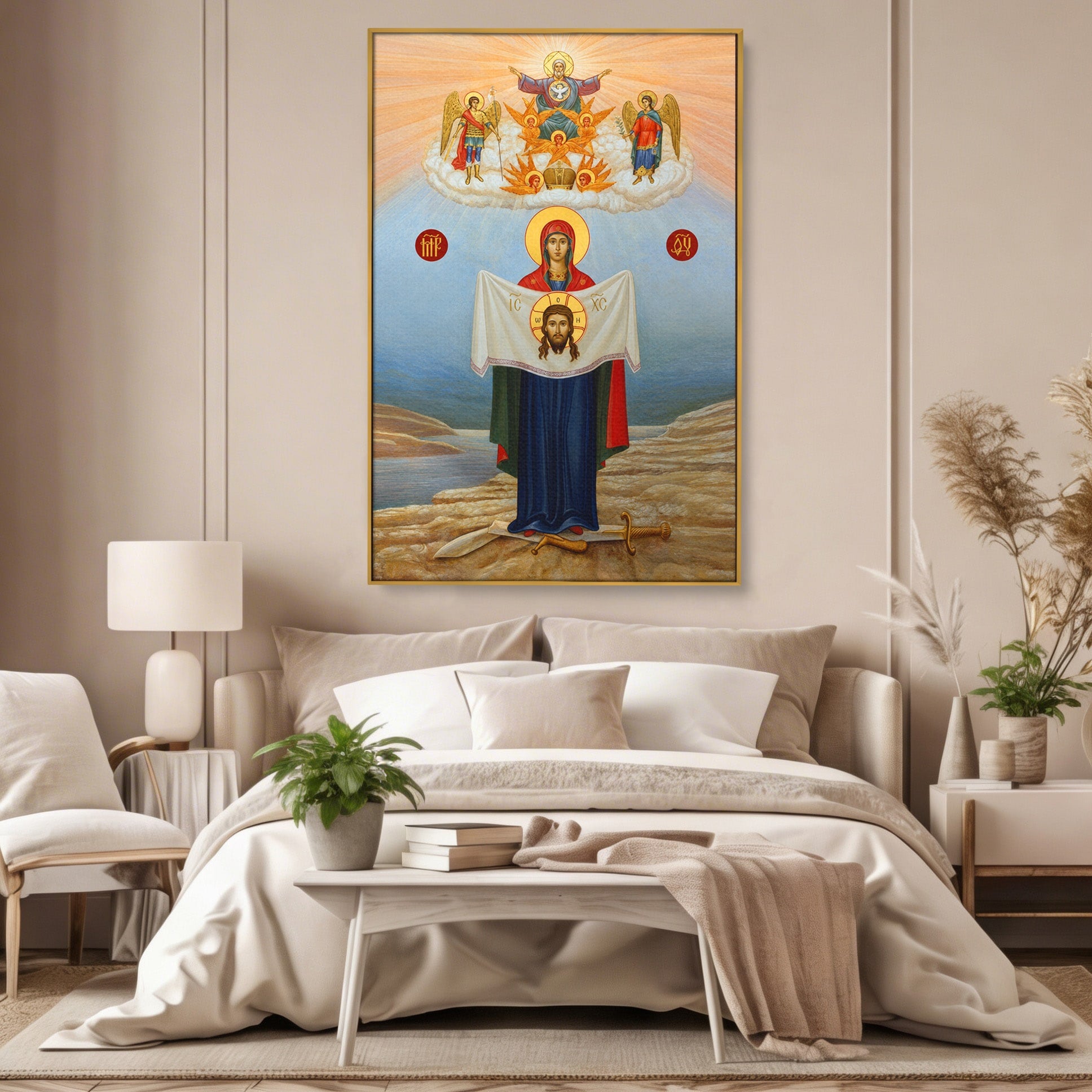 Tablou Canvas Premium LuxCanva® H1086, Icoana Protectiei si Biruintei Spirituale, Icoana, Religie, Credinta, Arta Sacra, Dormitor, Culori Vibrante