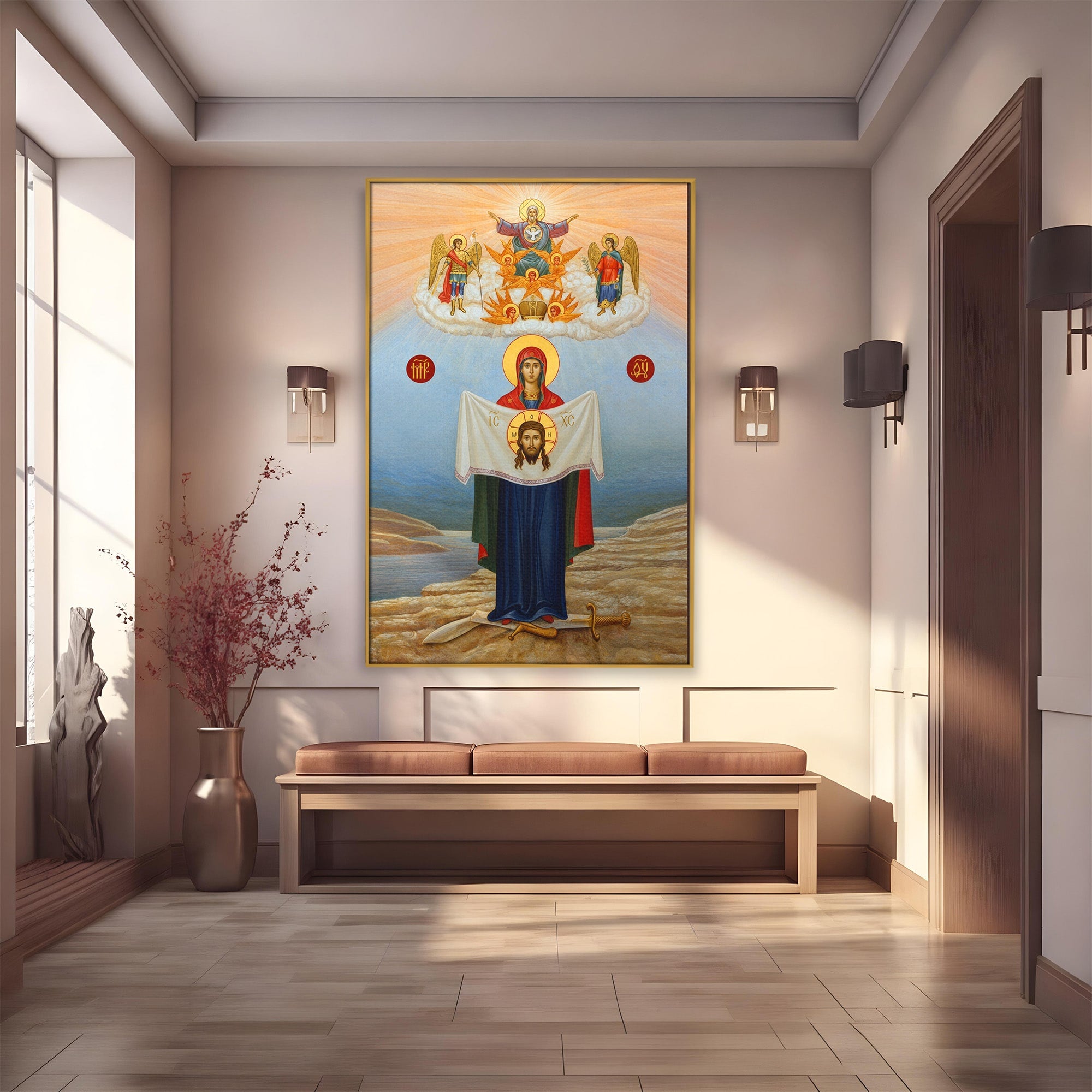 Tablou Canvas Premium LuxCanva® H1086, Icoana Protectiei si Biruintei Spirituale, Icoana, Religie, Credinta, Arta Sacra, Dormitor, Culori Vibrante
