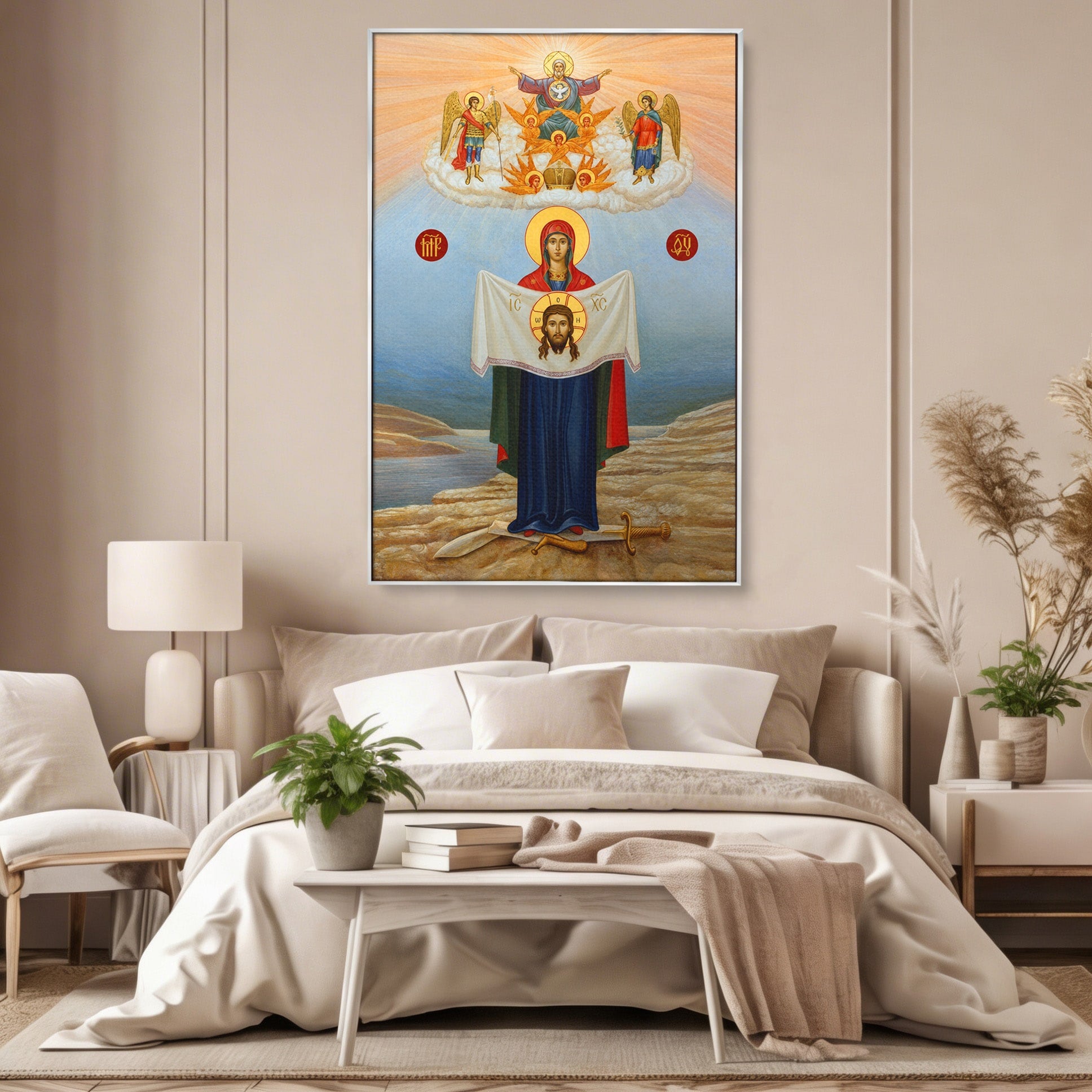 Tablou Canvas Premium LuxCanva® H1086, Icoana Protectiei si Biruintei Spirituale, Icoana, Religie, Credinta, Arta Sacra, Dormitor, Culori Vibrante