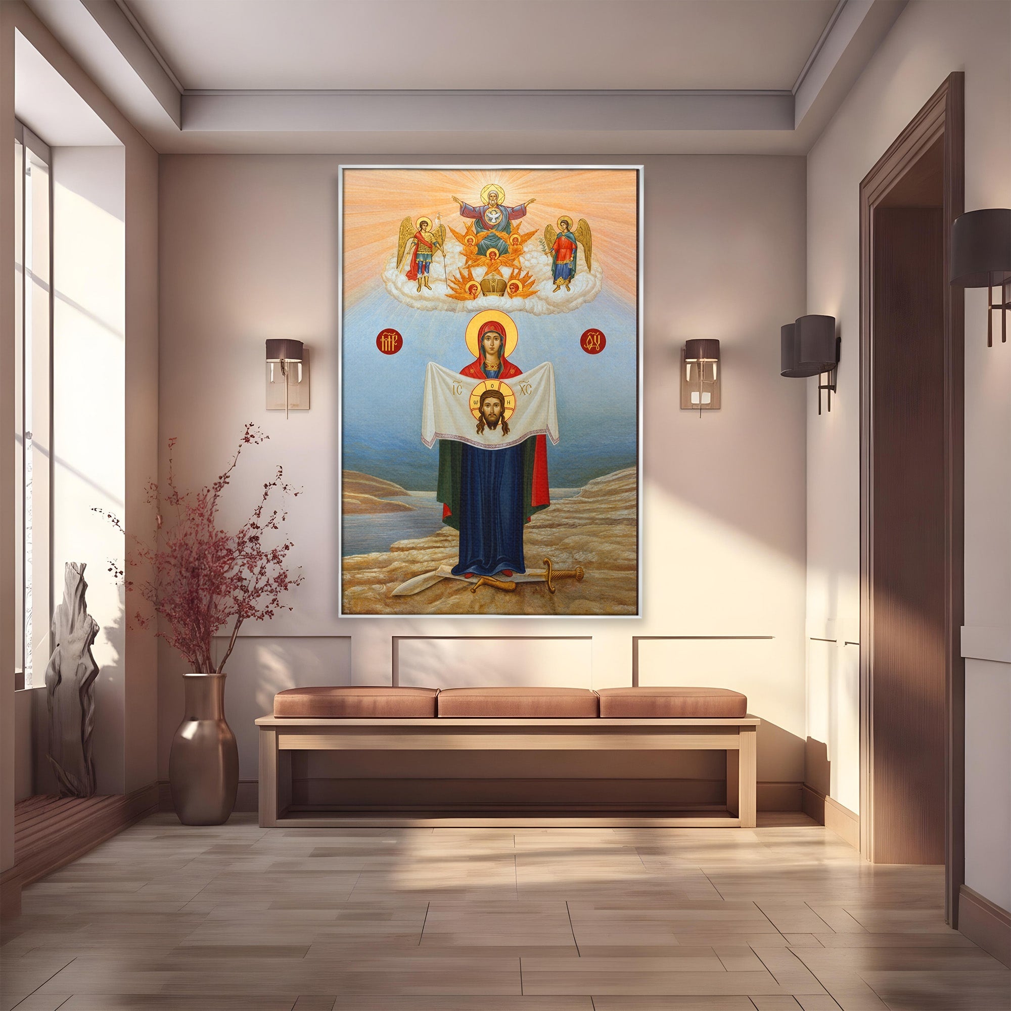 Tablou Canvas Premium LuxCanva® H1086, Icoana Protectiei si Biruintei Spirituale, Icoana, Religie, Credinta, Arta Sacra, Dormitor, Culori Vibrante