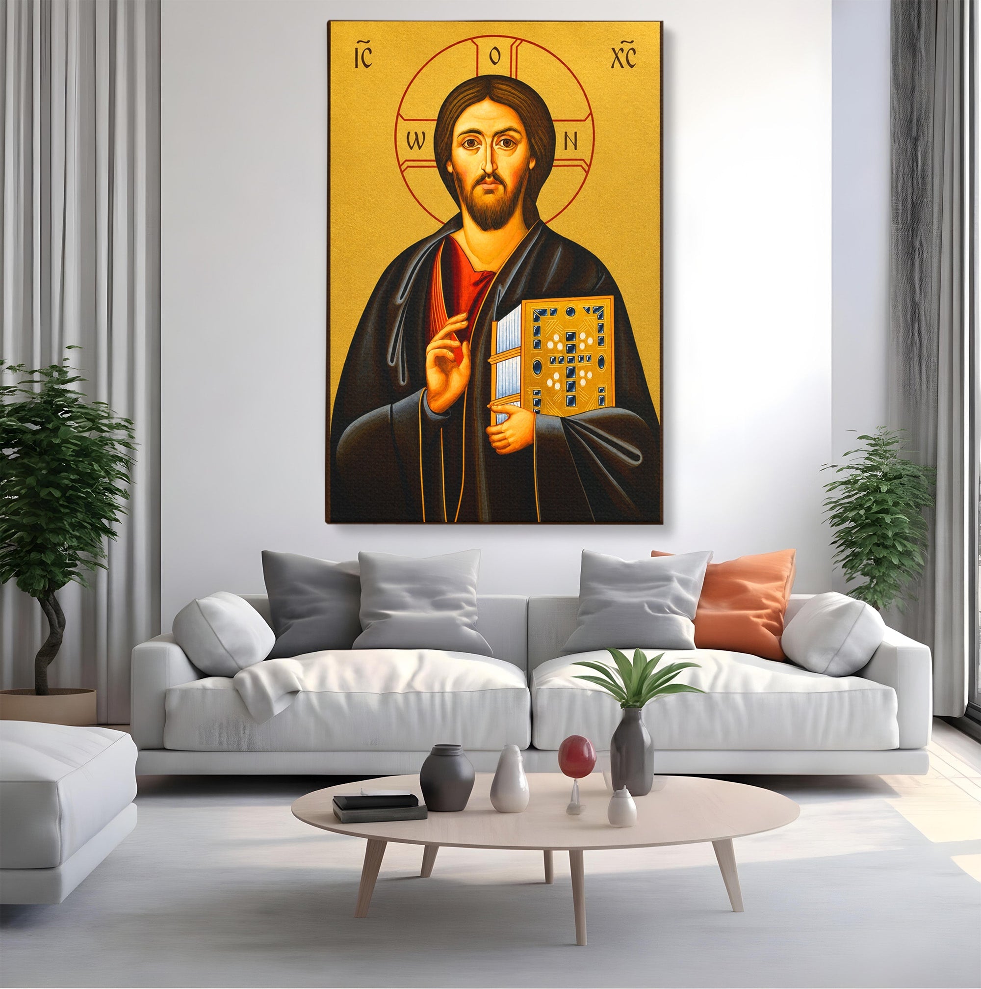 Tablou Canvas Premium LuxCanva® H1088, Icoana Iisus Hristos Pantocrator, Icoana, Bizantin, Religie, Spiritualitate, Dormitor, Birou, Culori Vibrante