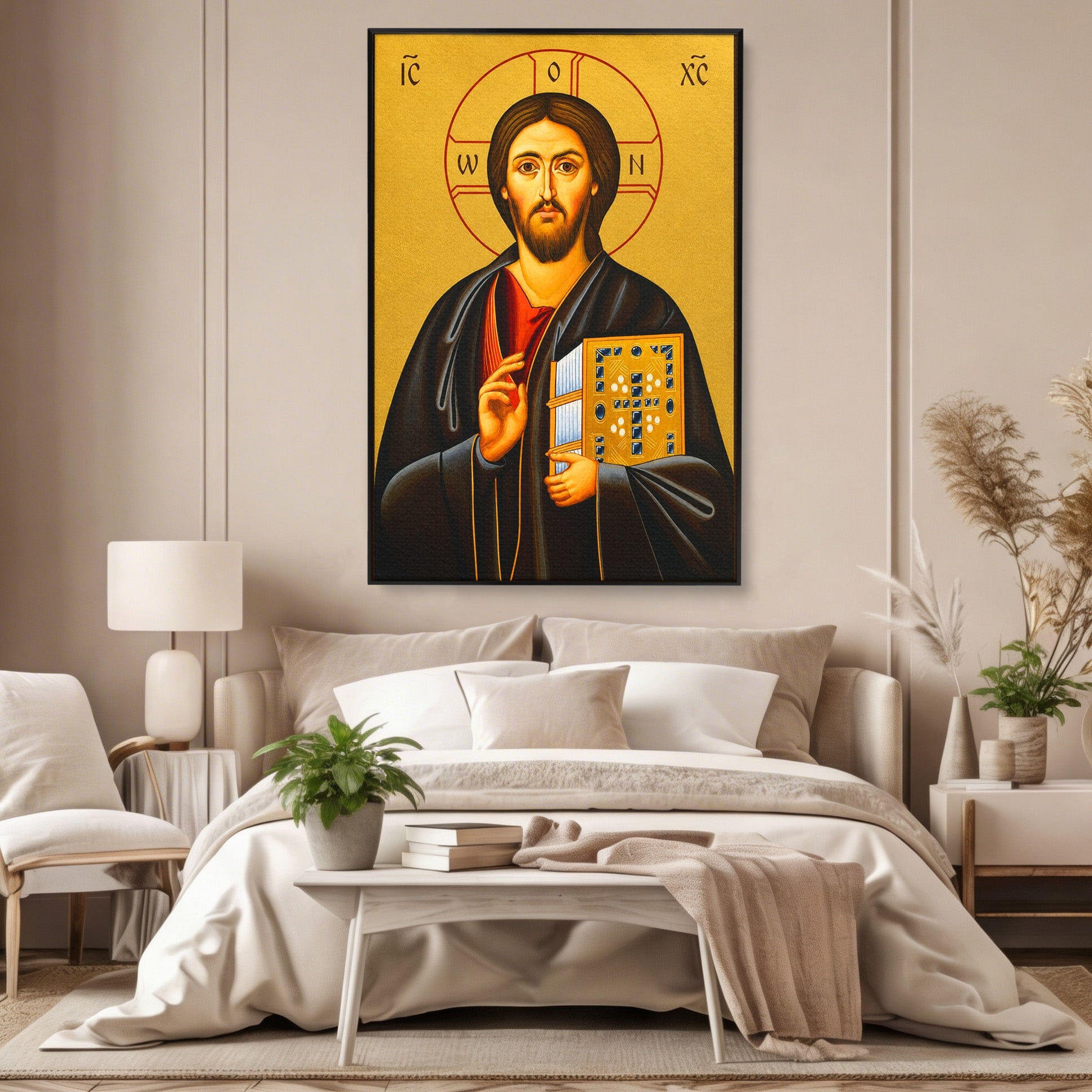 Tablou Canvas Premium LuxCanva® H1088, Icoana Iisus Hristos Pantocrator, Icoana, Bizantin, Religie, Spiritualitate, Dormitor, Birou, Culori Vibrante