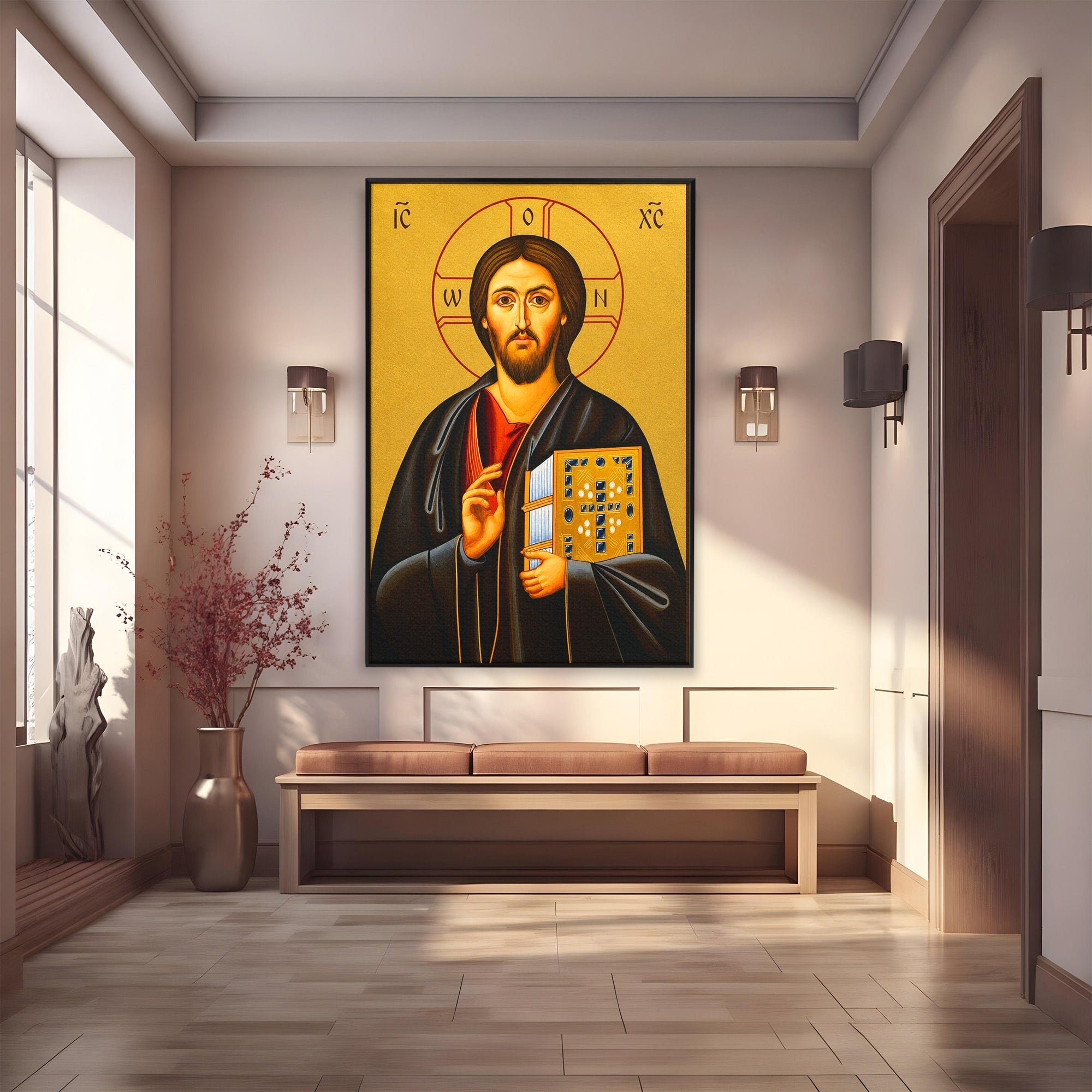 Tablou Canvas Premium LuxCanva® H1088, Icoana Iisus Hristos Pantocrator, Icoana, Bizantin, Religie, Spiritualitate, Dormitor, Birou, Culori Vibrante