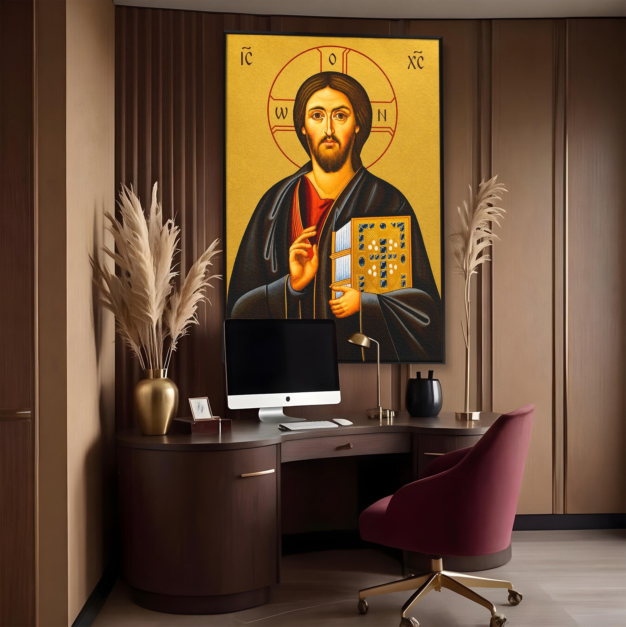Tablou Canvas Premium LuxCanva® H1088, Icoana Iisus Hristos Pantocrator, Icoana, Bizantin, Religie, Spiritualitate, Dormitor, Birou, Culori Vibrante