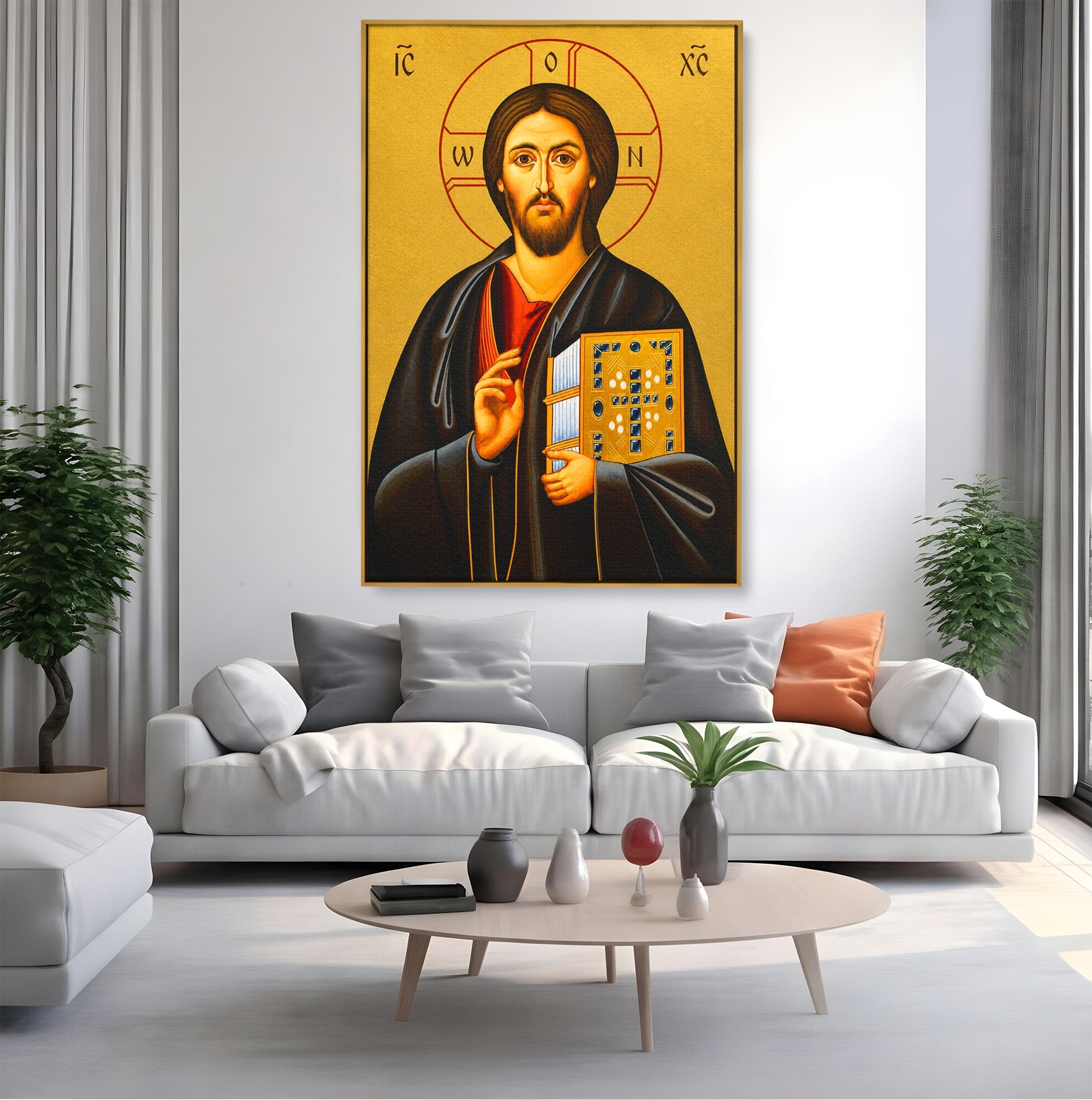 Tablou Canvas Premium LuxCanva® H1088, Icoana Iisus Hristos Pantocrator, Icoana, Bizantin, Religie, Spiritualitate, Dormitor, Birou, Culori Vibrante