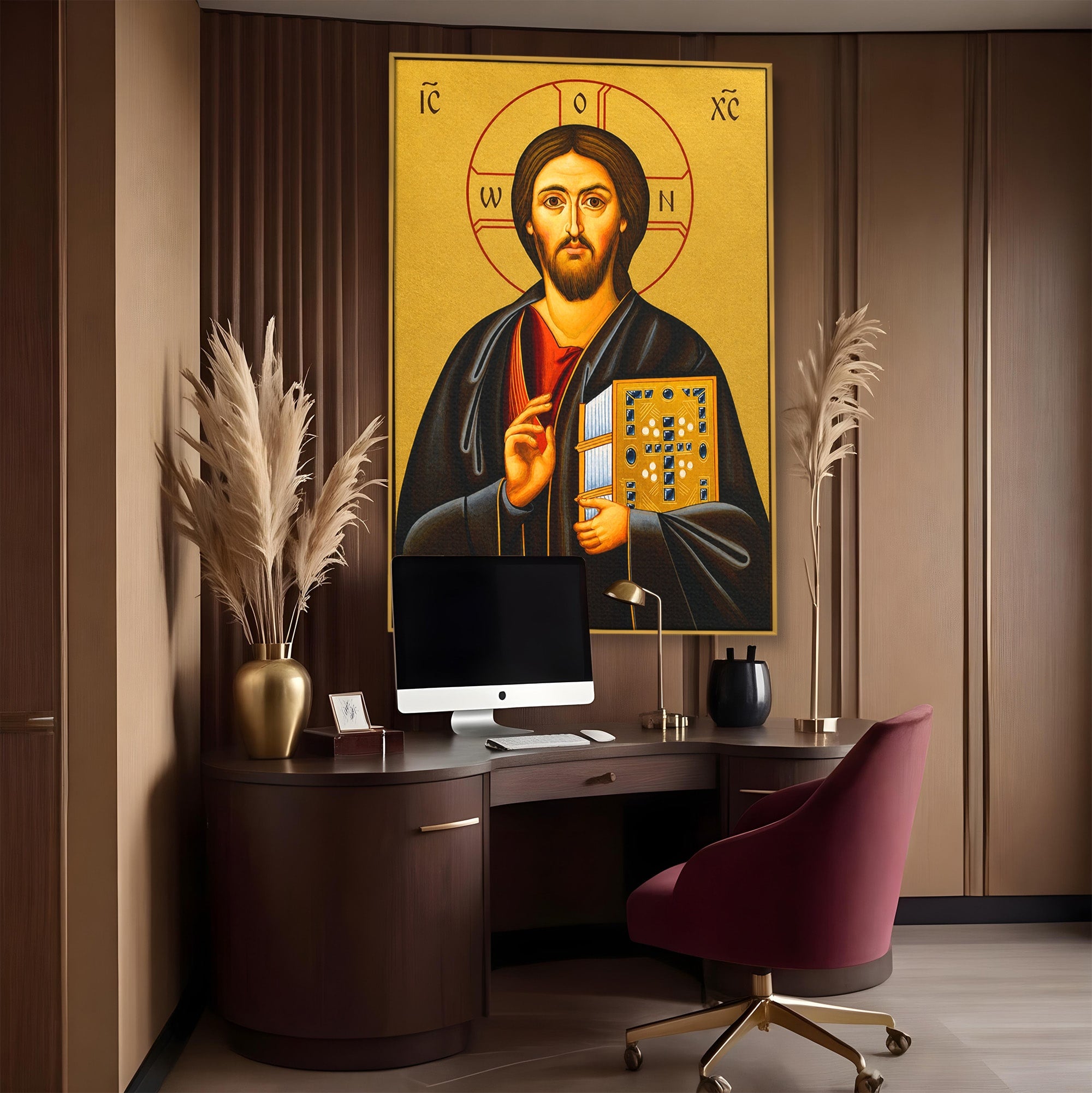 Tablou Canvas Premium LuxCanva® H1088, Icoana Iisus Hristos Pantocrator, Icoana, Bizantin, Religie, Spiritualitate, Dormitor, Birou, Culori Vibrante