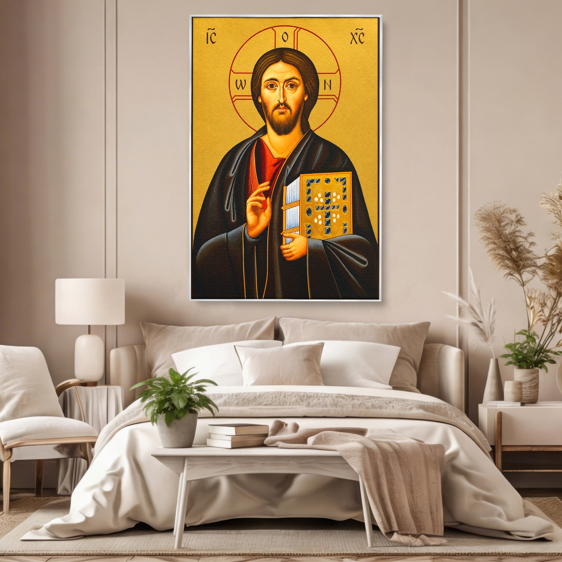 Tablou Canvas Premium LuxCanva® H1088, Icoana Iisus Hristos Pantocrator, Icoana, Bizantin, Religie, Spiritualitate, Dormitor, Birou, Culori Vibrante