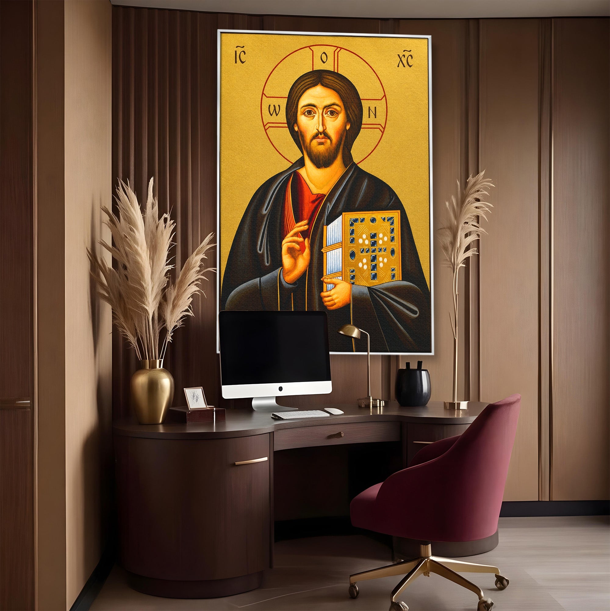 Tablou Canvas Premium LuxCanva® H1088, Icoana Iisus Hristos Pantocrator, Icoana, Bizantin, Religie, Spiritualitate, Dormitor, Birou, Culori Vibrante