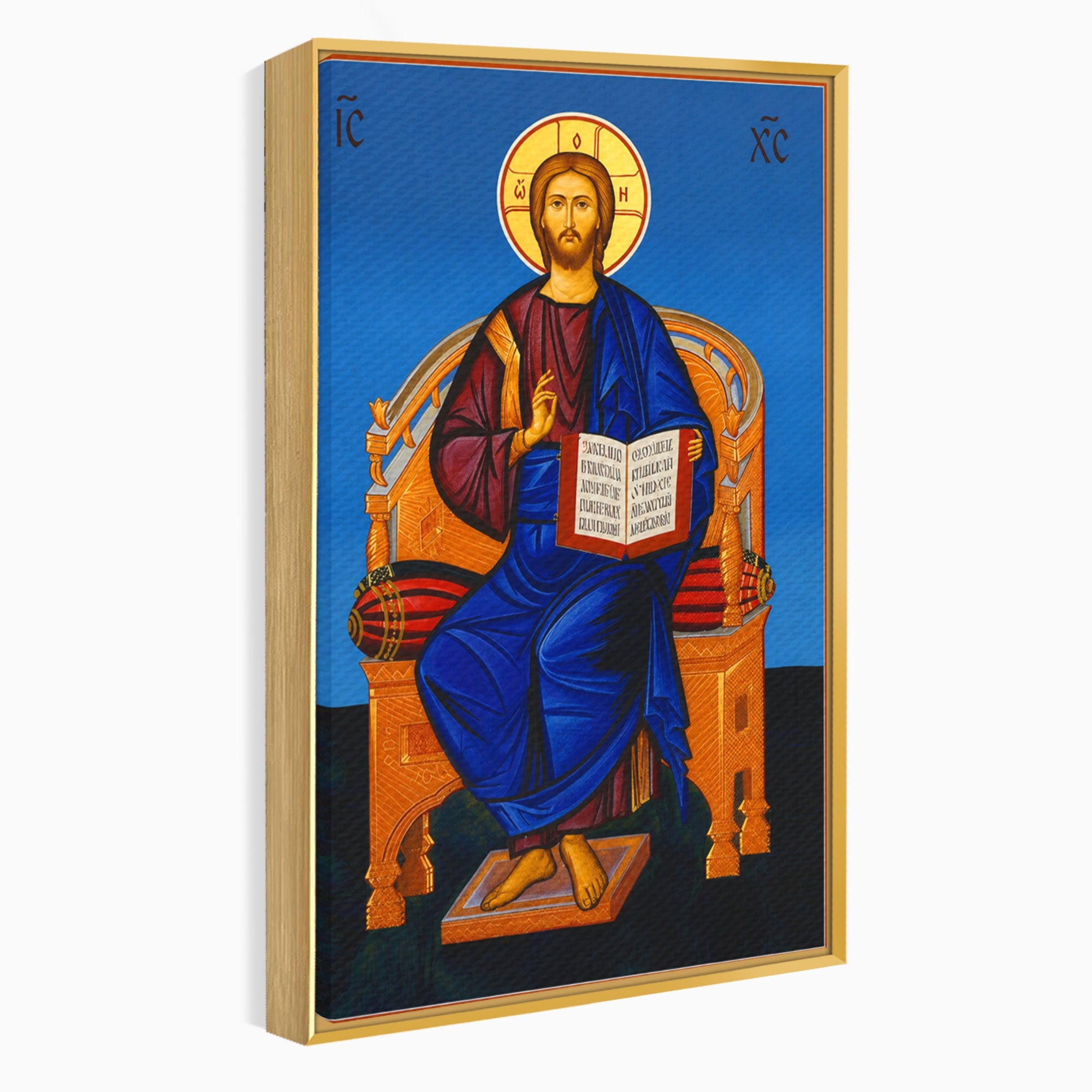 Tablou Canvas Premium LuxCanva® H1090, Icoana Iisus Hristos Pantocrator pe Tron, Icoana, Religie, Bizantin, Arta Sacra, Dormitor, Birou, Culori Vibrante
