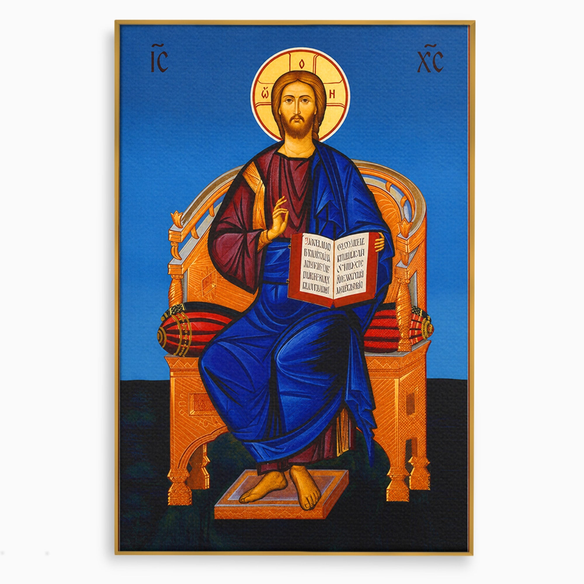 Tablou Canvas Premium LuxCanva® H1090, Icoana Iisus Hristos Pantocrator pe Tron, Icoana, Religie, Bizantin, Arta Sacra, Dormitor, Birou, Culori Vibrante