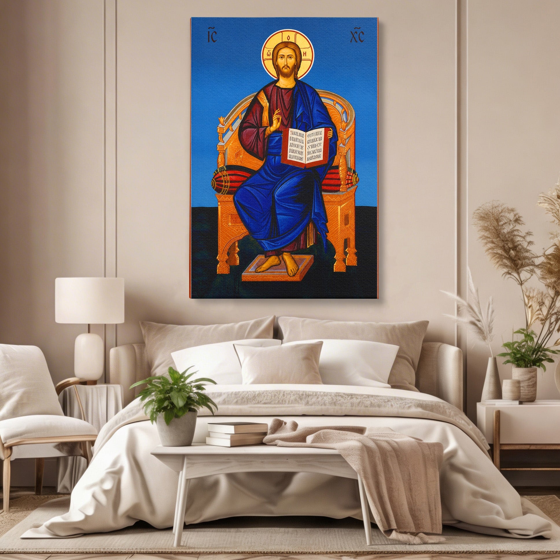 Tablou Canvas Premium LuxCanva® H1090, Icoana Iisus Hristos Pantocrator pe Tron, Icoana, Religie, Bizantin, Arta Sacra, Dormitor, Birou, Culori Vibrante
