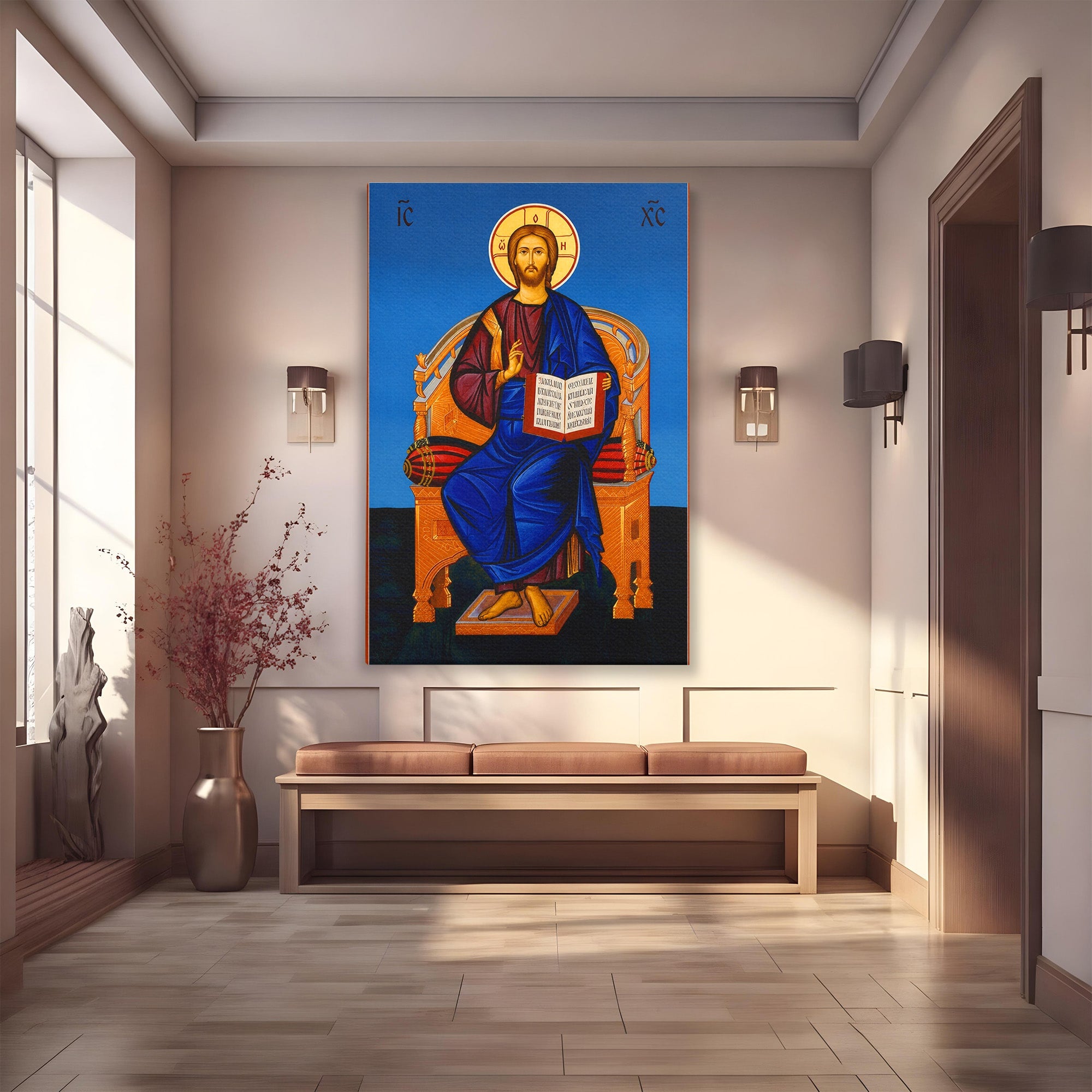 Tablou Canvas Premium LuxCanva® H1090, Icoana Iisus Hristos Pantocrator pe Tron, Icoana, Religie, Bizantin, Arta Sacra, Dormitor, Birou, Culori Vibrante