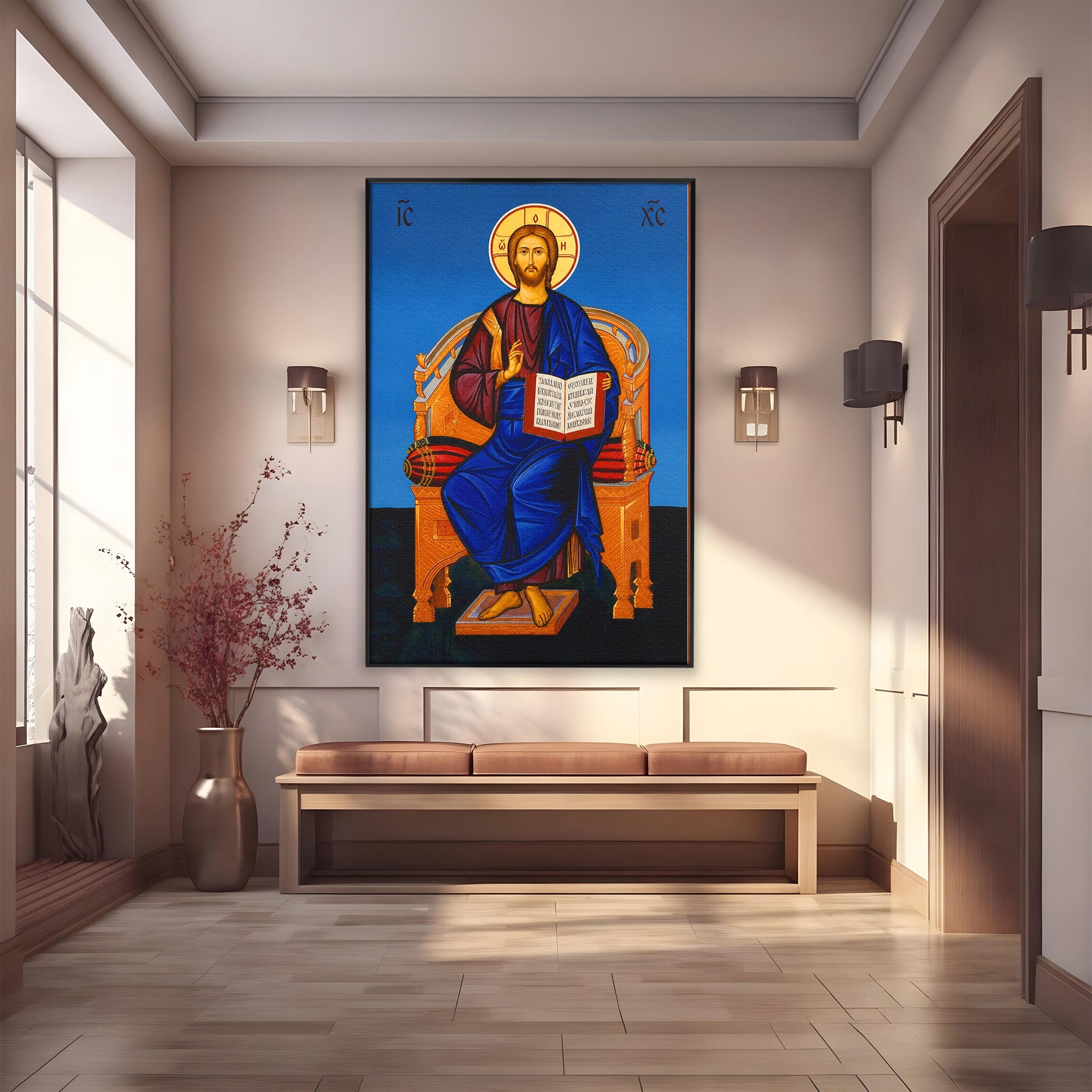 Tablou Canvas Premium LuxCanva® H1090, Icoana Iisus Hristos Pantocrator pe Tron, Icoana, Religie, Bizantin, Arta Sacra, Dormitor, Birou, Culori Vibrante