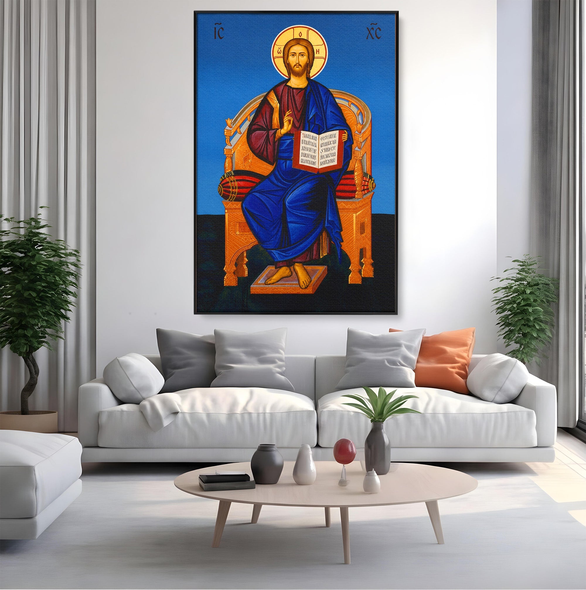 Tablou Canvas Premium LuxCanva® H1090, Icoana Iisus Hristos Pantocrator pe Tron, Icoana, Religie, Bizantin, Arta Sacra, Dormitor, Birou, Culori Vibrante