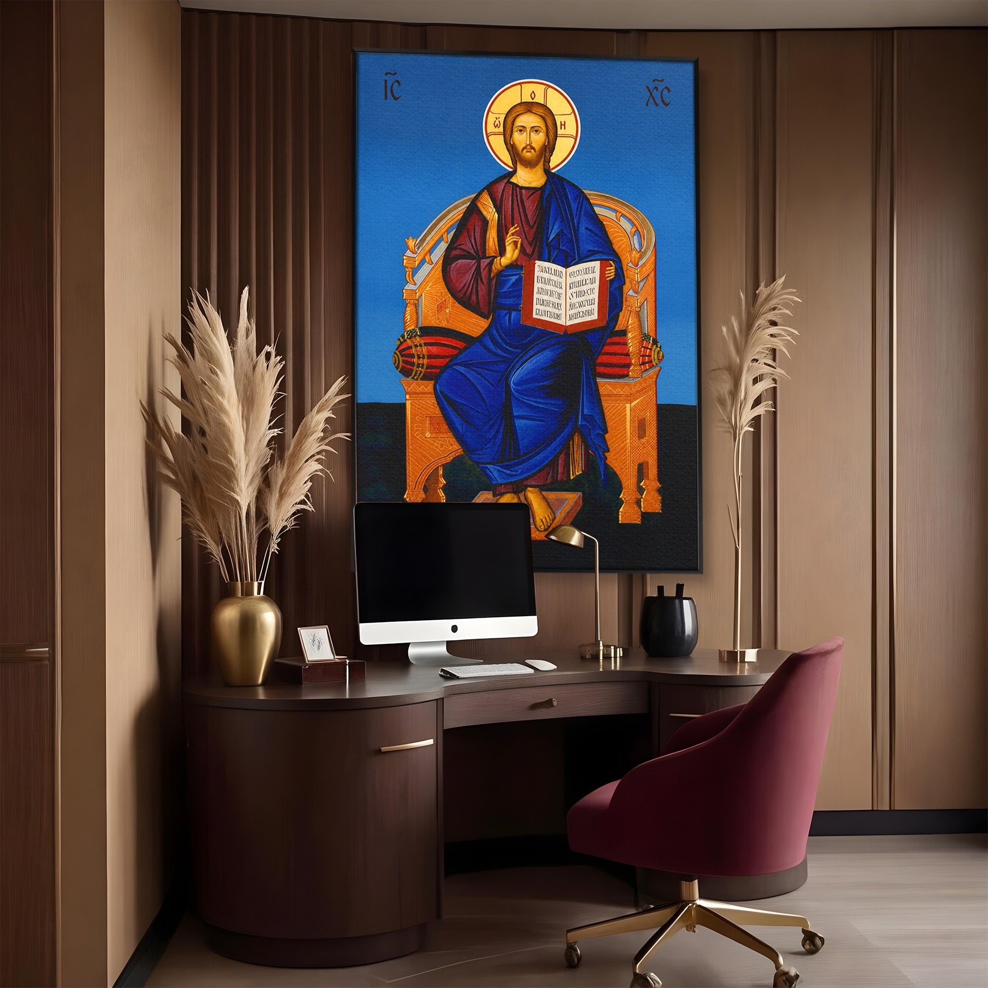 Tablou Canvas Premium LuxCanva® H1090, Icoana Iisus Hristos Pantocrator pe Tron, Icoana, Religie, Bizantin, Arta Sacra, Dormitor, Birou, Culori Vibrante