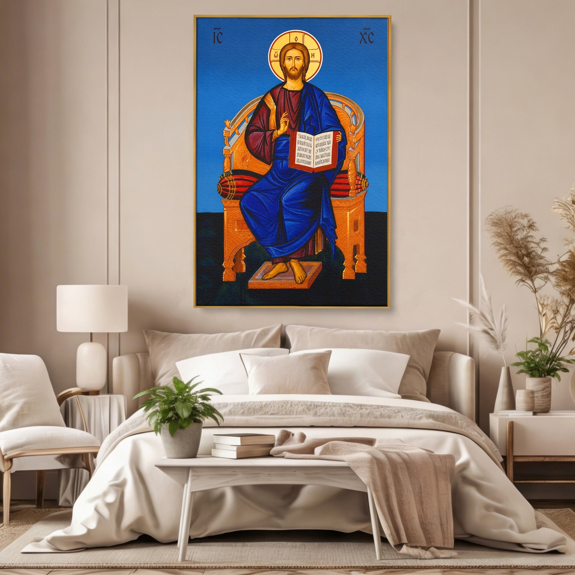 Tablou Canvas Premium LuxCanva® H1090, Icoana Iisus Hristos Pantocrator pe Tron, Icoana, Religie, Bizantin, Arta Sacra, Dormitor, Birou, Culori Vibrante