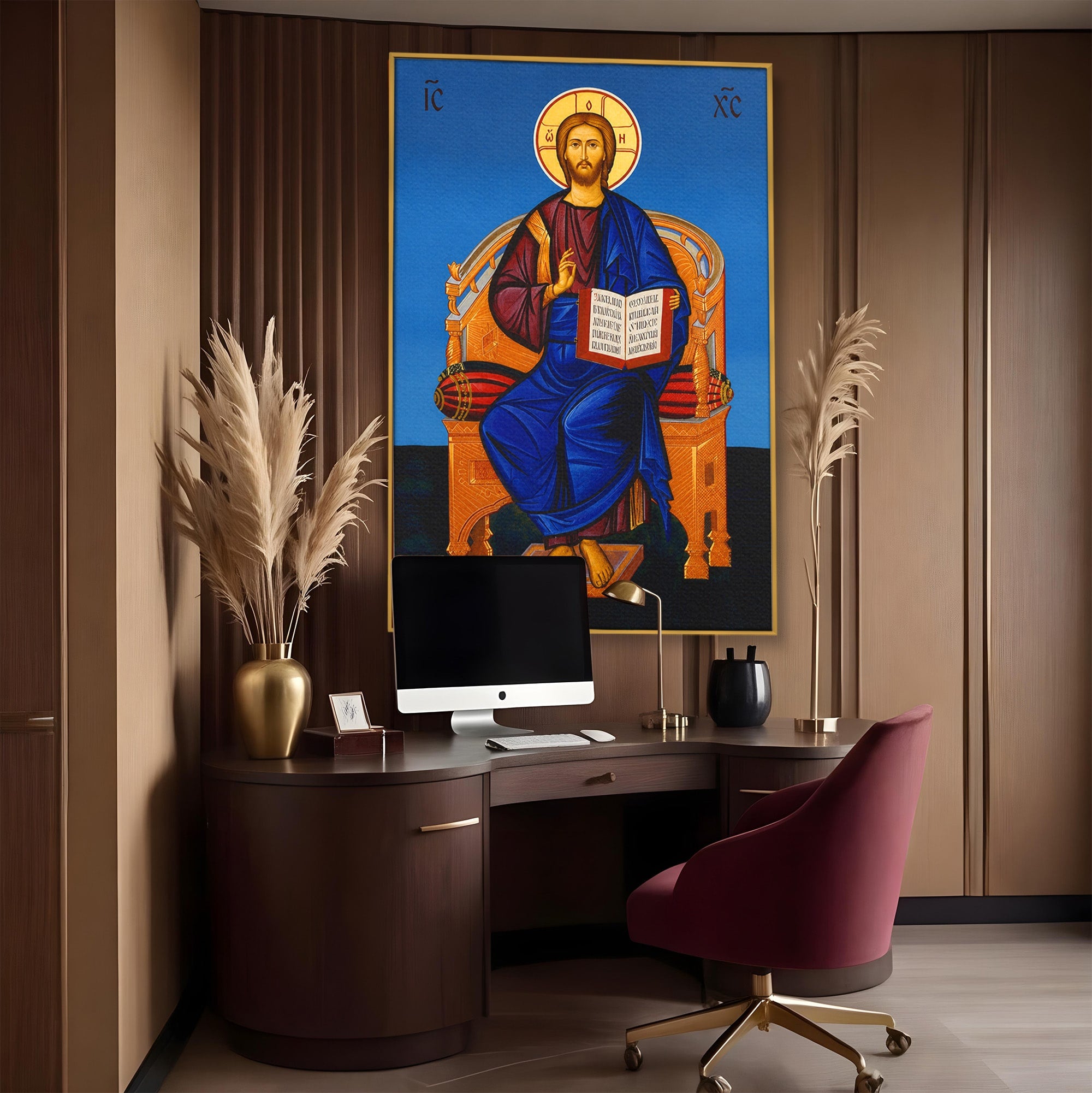 Tablou Canvas Premium LuxCanva® H1090, Icoana Iisus Hristos Pantocrator pe Tron, Icoana, Religie, Bizantin, Arta Sacra, Dormitor, Birou, Culori Vibrante
