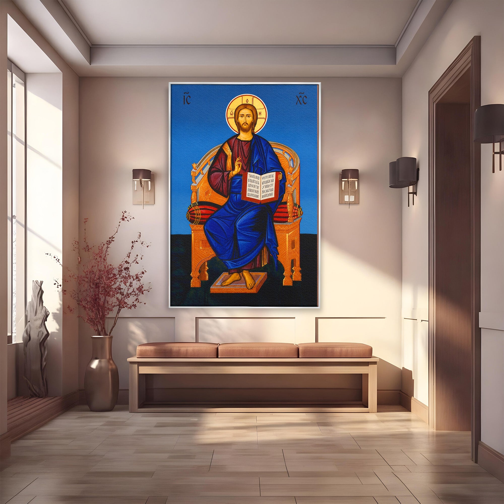 Tablou Canvas Premium LuxCanva® H1090, Icoana Iisus Hristos Pantocrator pe Tron, Icoana, Religie, Bizantin, Arta Sacra, Dormitor, Birou, Culori Vibrante