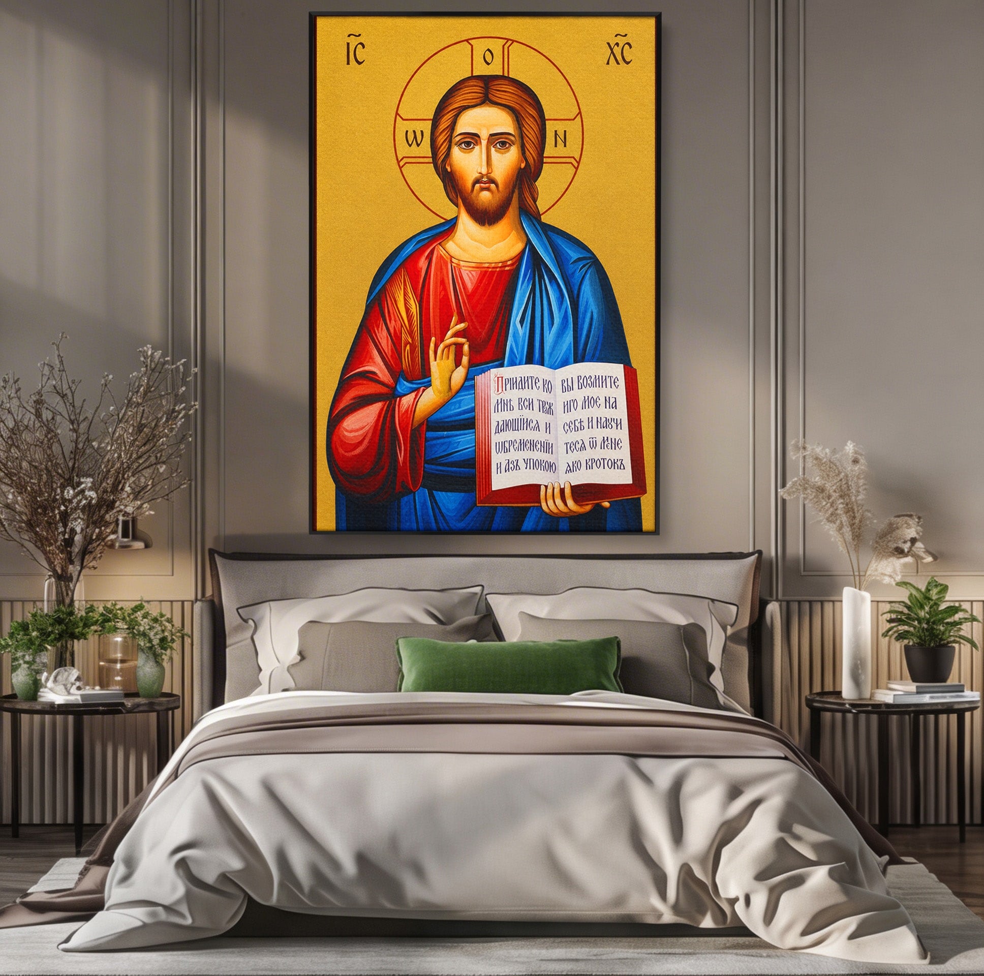 Tablou Canvas Premium LuxCanva® H1091, Iisus Hristos Binecuvantat, Icoana, Religie, Spiritualitate, Credinta, Dormitor, Birou, Culori Vibrante