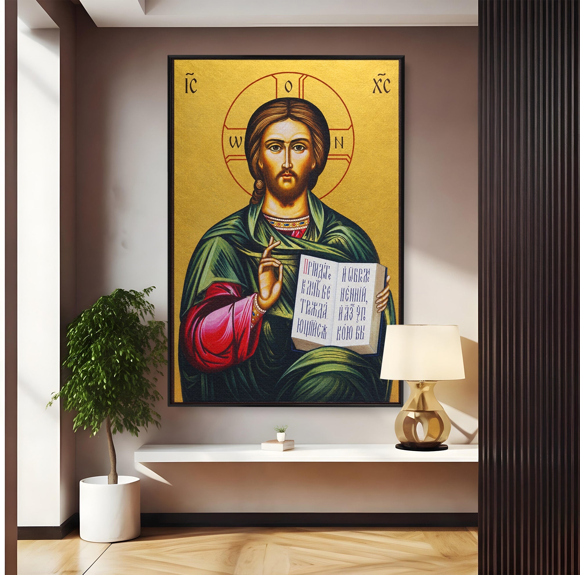 Tablou Canvas Premium LuxCanva® H1092, Iisus Hristos cu Evanghelia, Icoana, Religie, Bizantin, Spiritualitate, Dormitor, Hol, Culori Vibrante