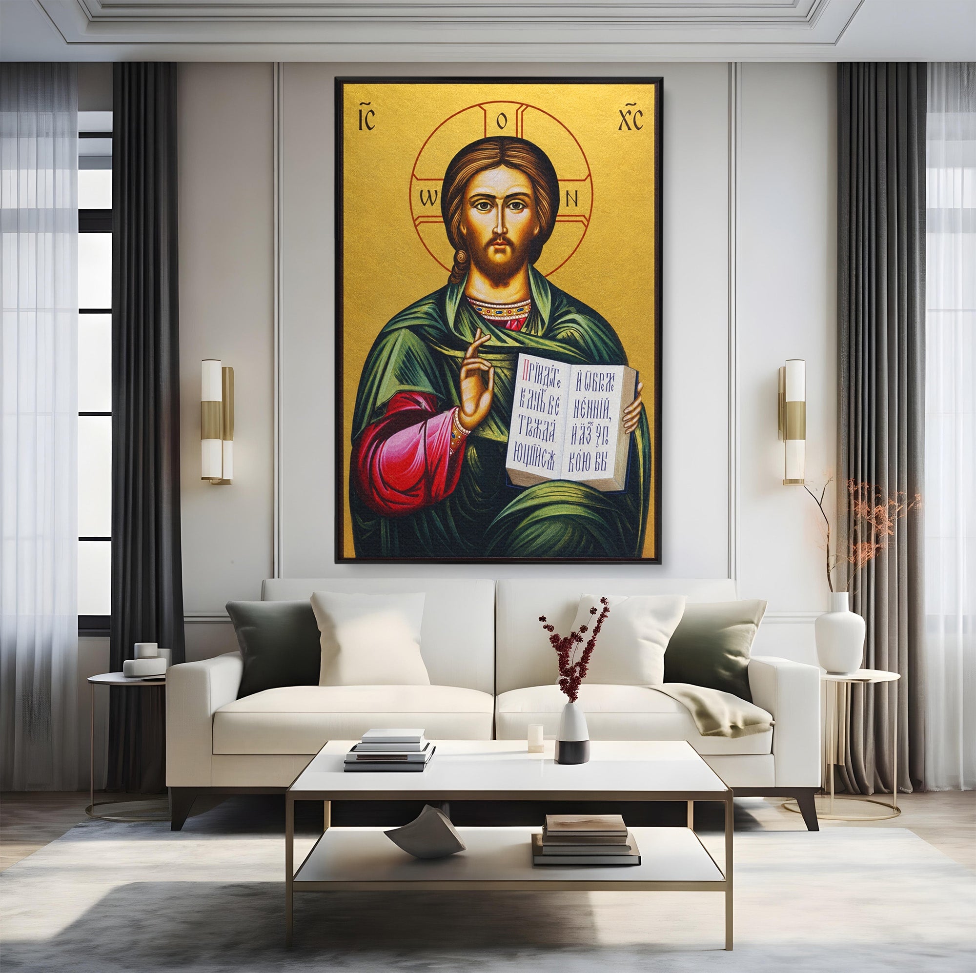 Tablou Canvas Premium LuxCanva® H1092, Iisus Hristos cu Evanghelia, Icoana, Religie, Bizantin, Spiritualitate, Dormitor, Hol, Culori Vibrante