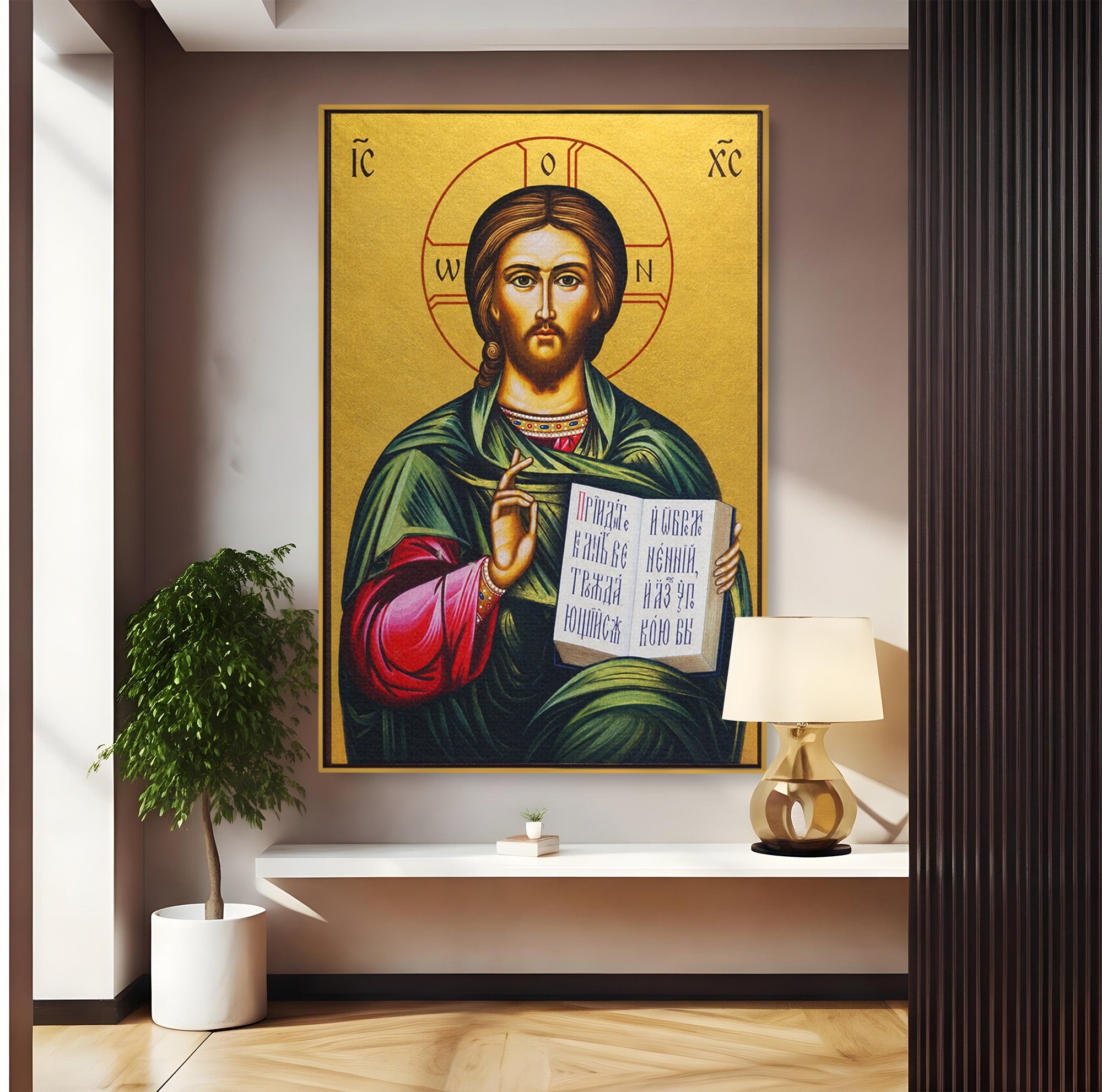 Tablou Canvas Premium LuxCanva® H1092, Iisus Hristos cu Evanghelia, Icoana, Religie, Bizantin, Spiritualitate, Dormitor, Hol, Culori Vibrante