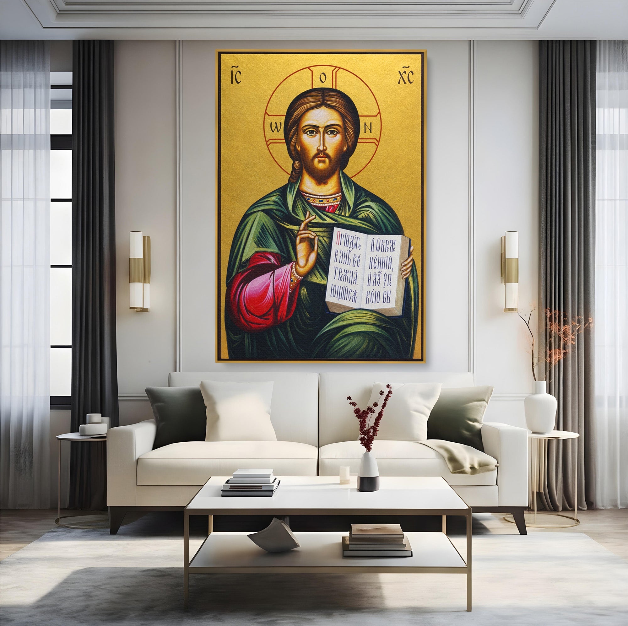 Tablou Canvas Premium LuxCanva® H1092, Iisus Hristos cu Evanghelia, Icoana, Religie, Bizantin, Spiritualitate, Dormitor, Hol, Culori Vibrante