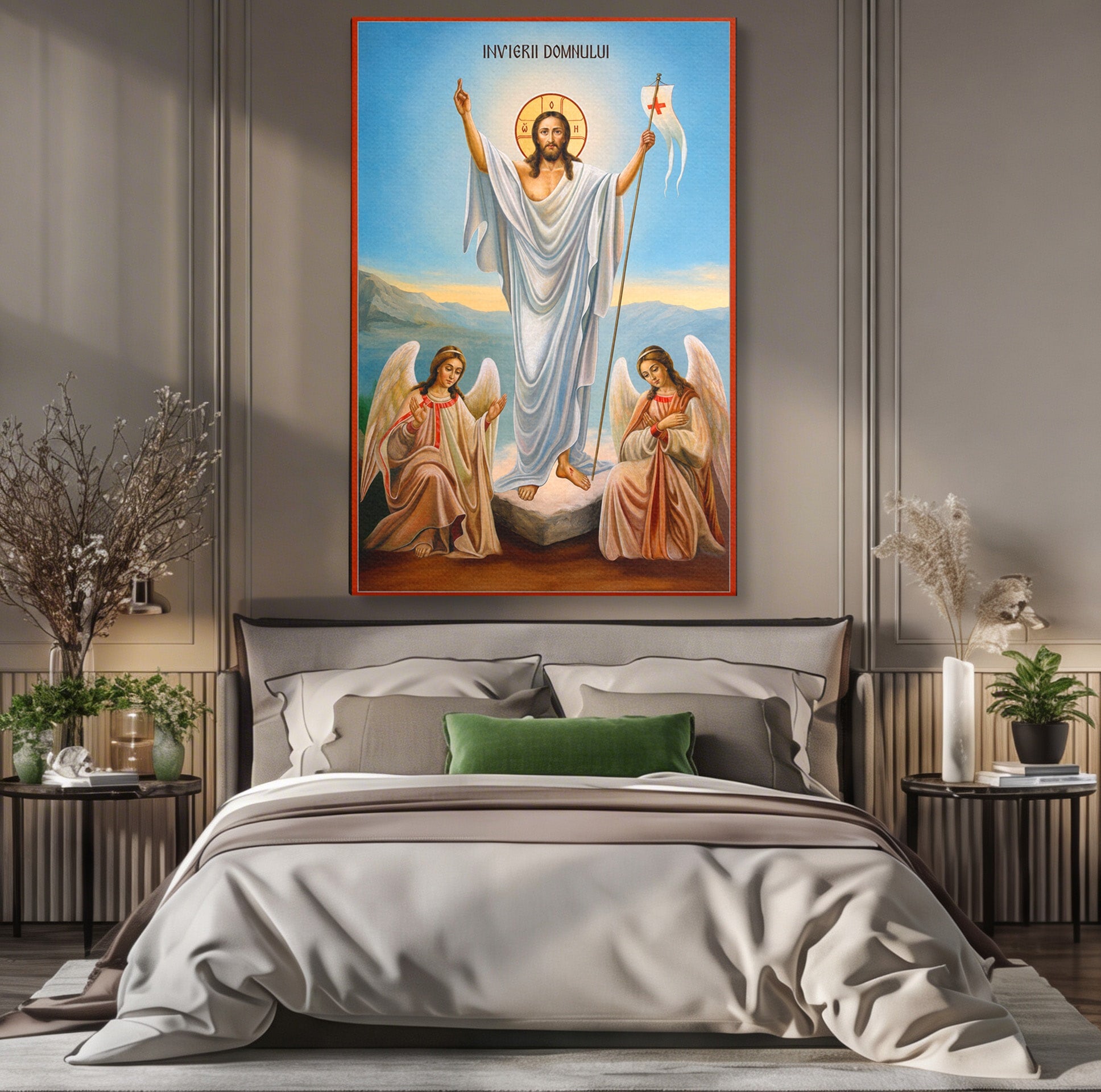 Tablou Canvas Premium LuxCanva® H1093, Hristos Cel Inviat, Religie, Icoana, Inger, Credinta, Dormitor, Living, Culori Vibrante