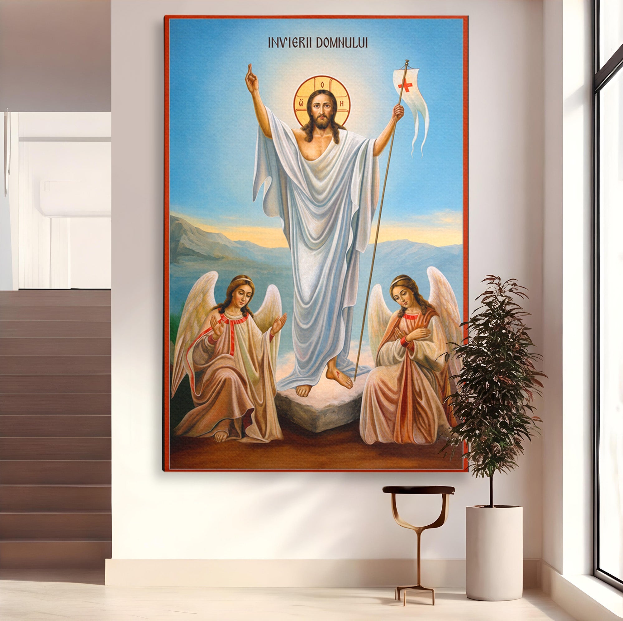 Tablou Canvas Premium LuxCanva® H1093, Hristos Cel Inviat, Religie, Icoana, Inger, Credinta, Dormitor, Living, Culori Vibrante
