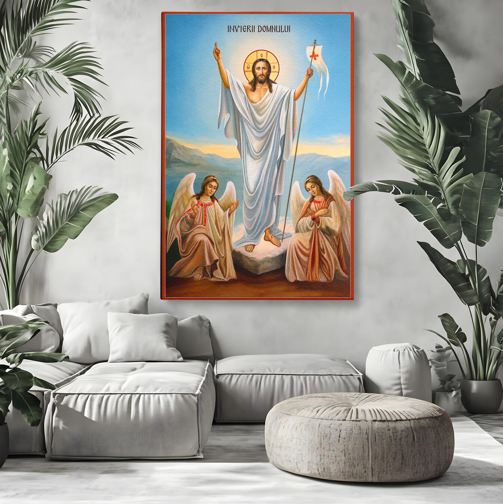 Tablou Canvas Premium LuxCanva® H1093, Hristos Cel Inviat, Religie, Icoana, Inger, Credinta, Dormitor, Living, Culori Vibrante