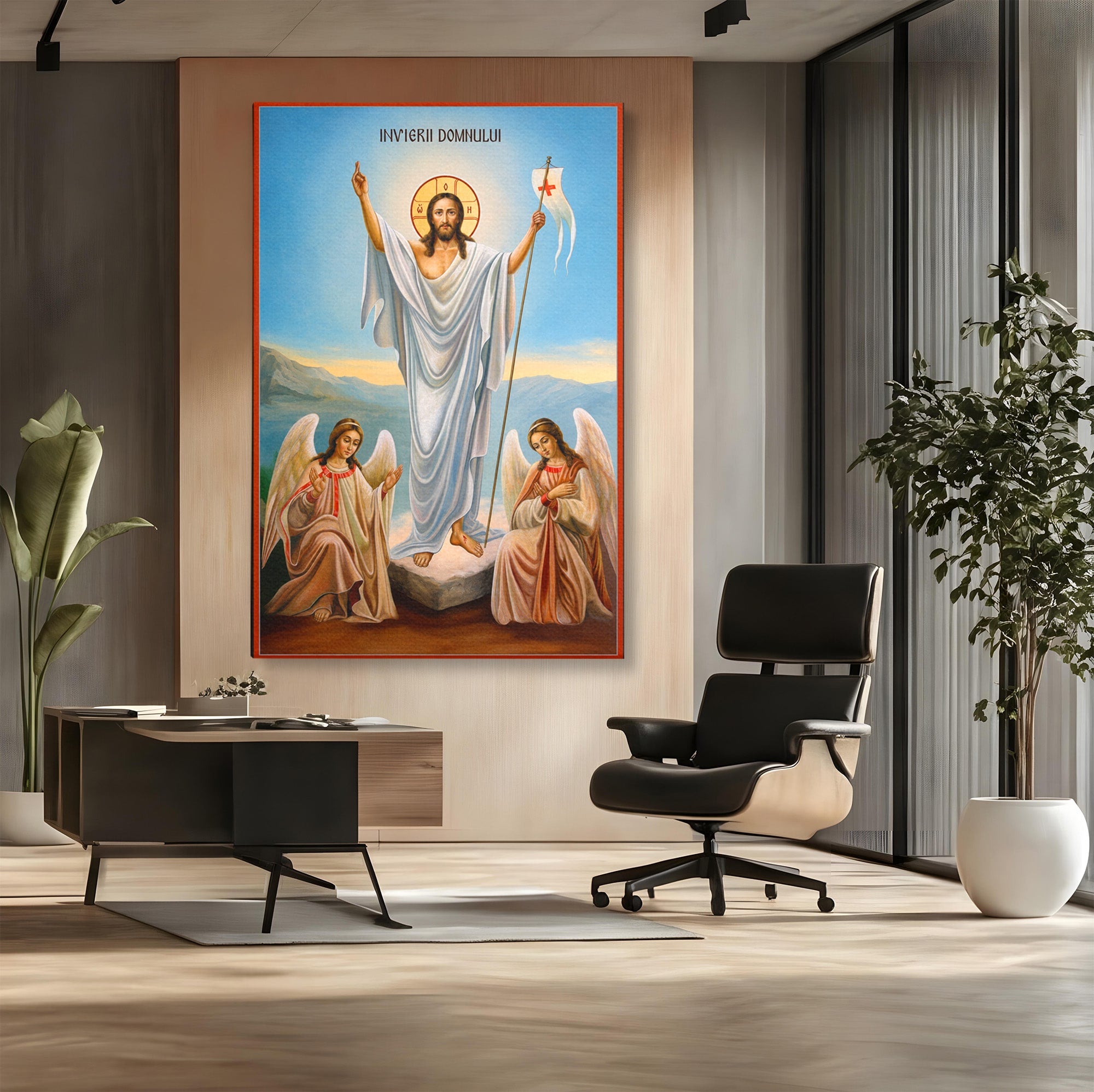 Tablou Canvas Premium LuxCanva® H1093, Hristos Cel Inviat, Religie, Icoana, Inger, Credinta, Dormitor, Living, Culori Vibrante