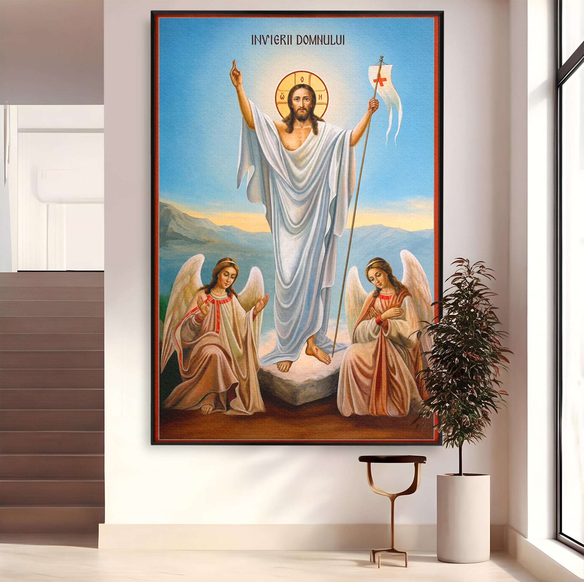 Tablou Canvas Premium LuxCanva® H1093, Hristos Cel Inviat, Religie, Icoana, Inger, Credinta, Dormitor, Living, Culori Vibrante