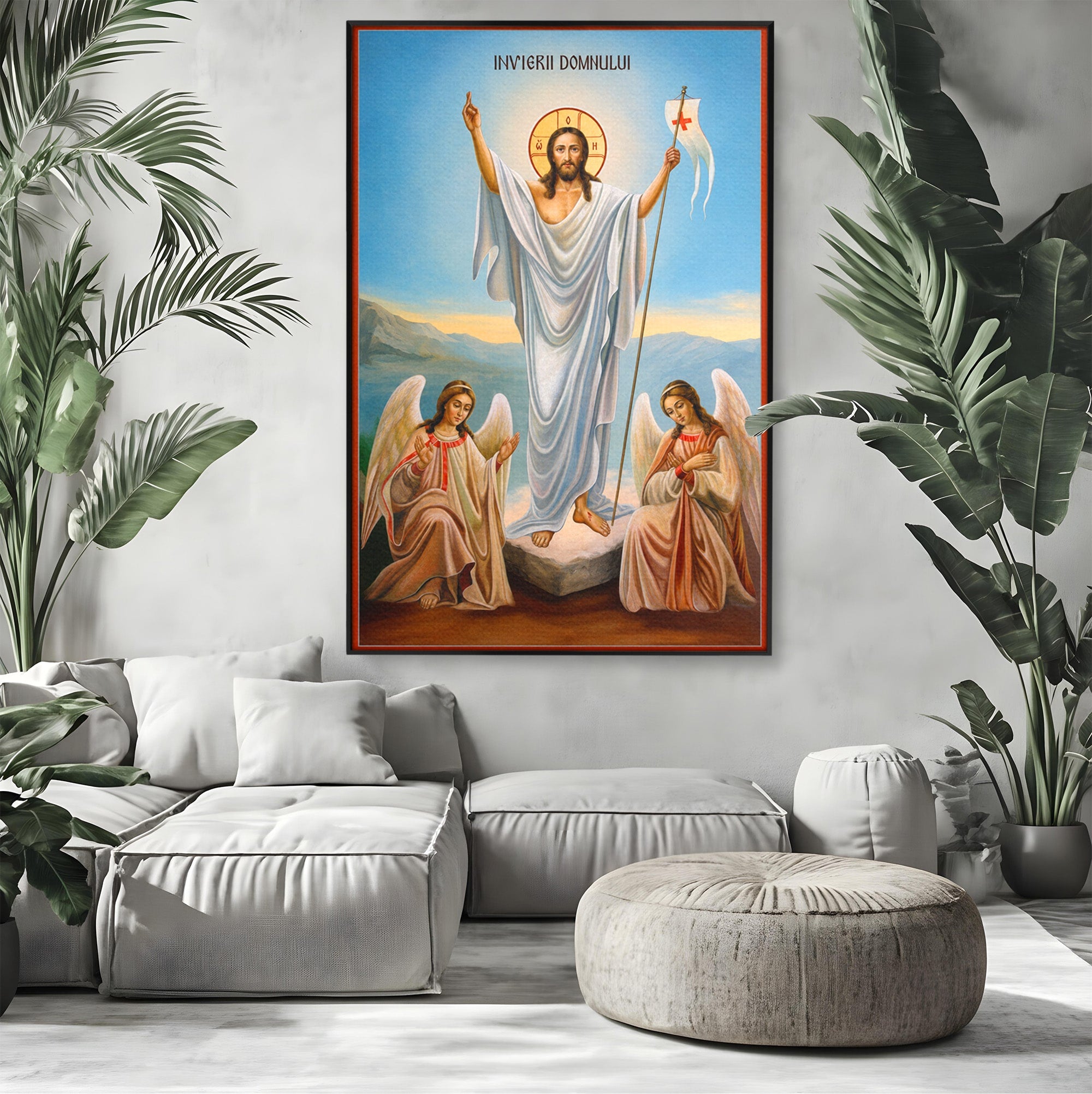 Tablou Canvas Premium LuxCanva® H1093, Hristos Cel Inviat, Religie, Icoana, Inger, Credinta, Dormitor, Living, Culori Vibrante
