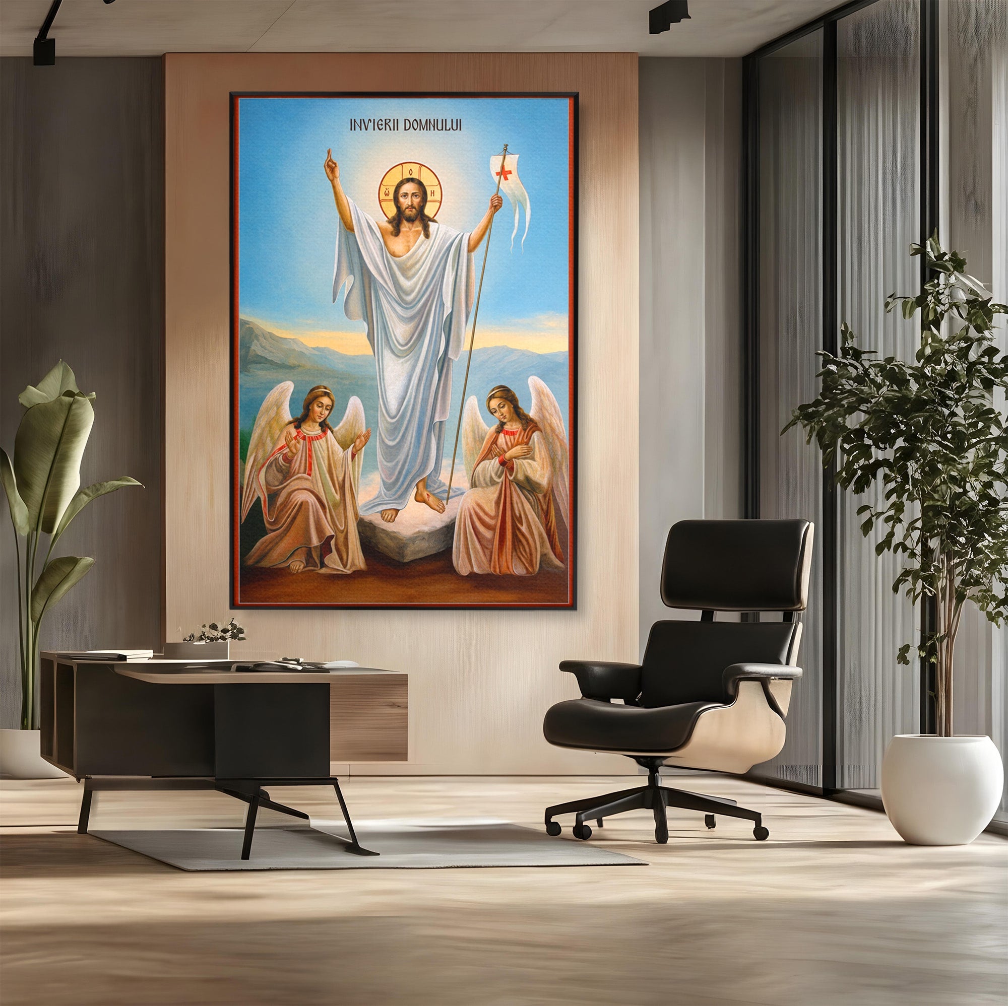 Tablou Canvas Premium LuxCanva® H1093, Hristos Cel Inviat, Religie, Icoana, Inger, Credinta, Dormitor, Living, Culori Vibrante