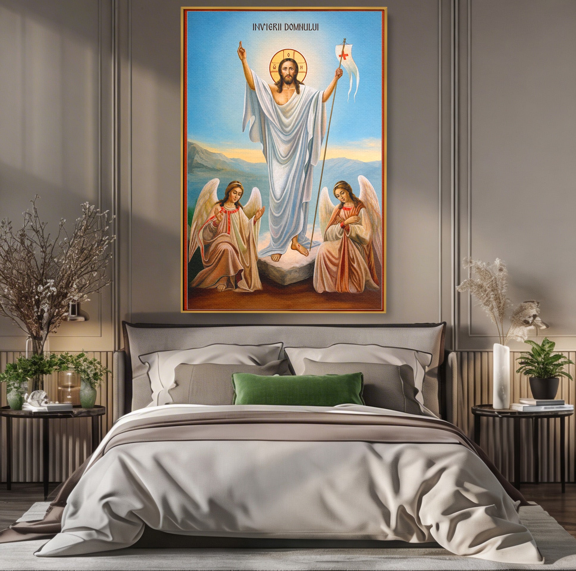 Tablou Canvas Premium LuxCanva® H1093, Hristos Cel Inviat, Religie, Icoana, Inger, Credinta, Dormitor, Living, Culori Vibrante